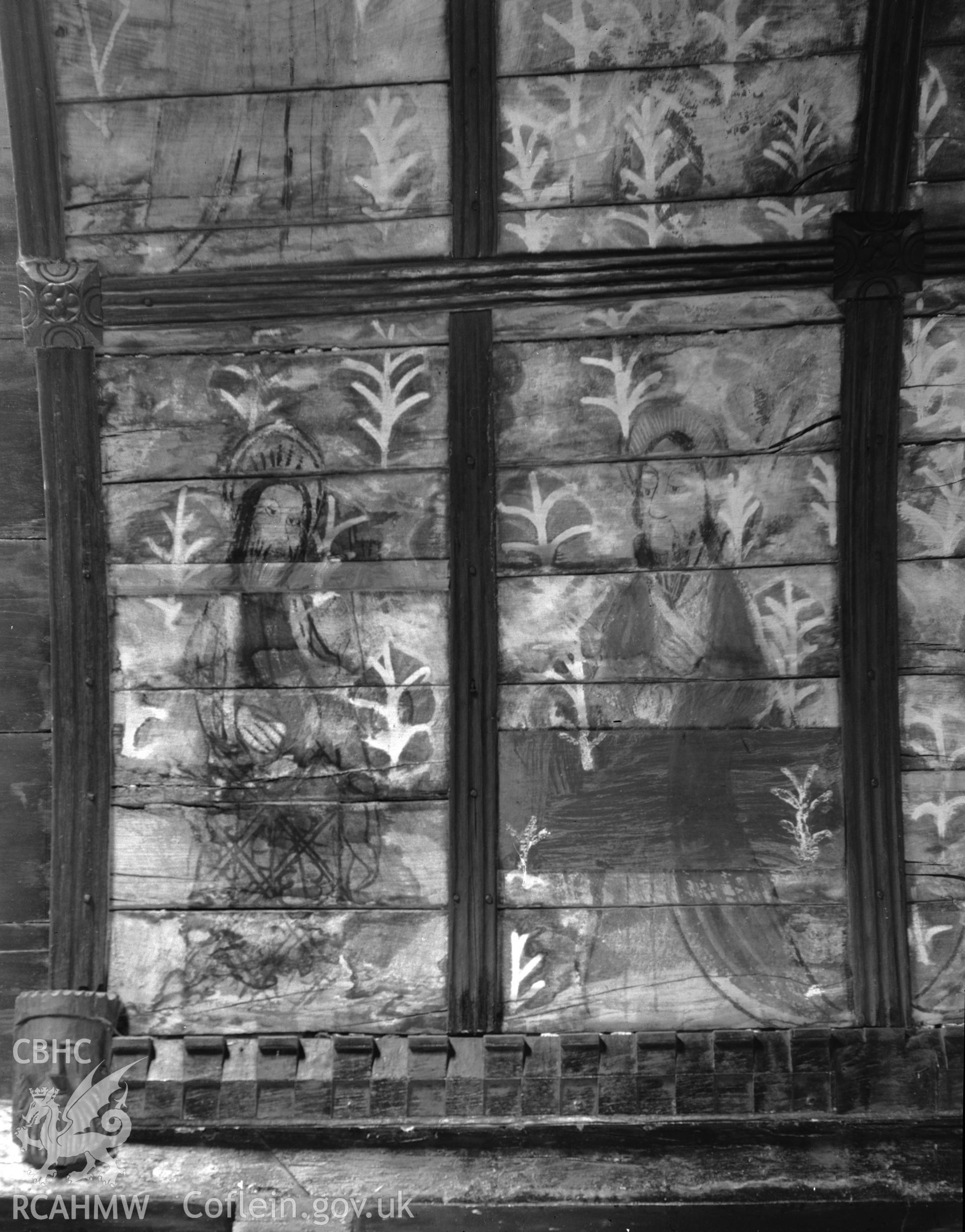 Interior view of St Benedicts Church, Gyffin showing ceiling paintings, taken 30.09.48.