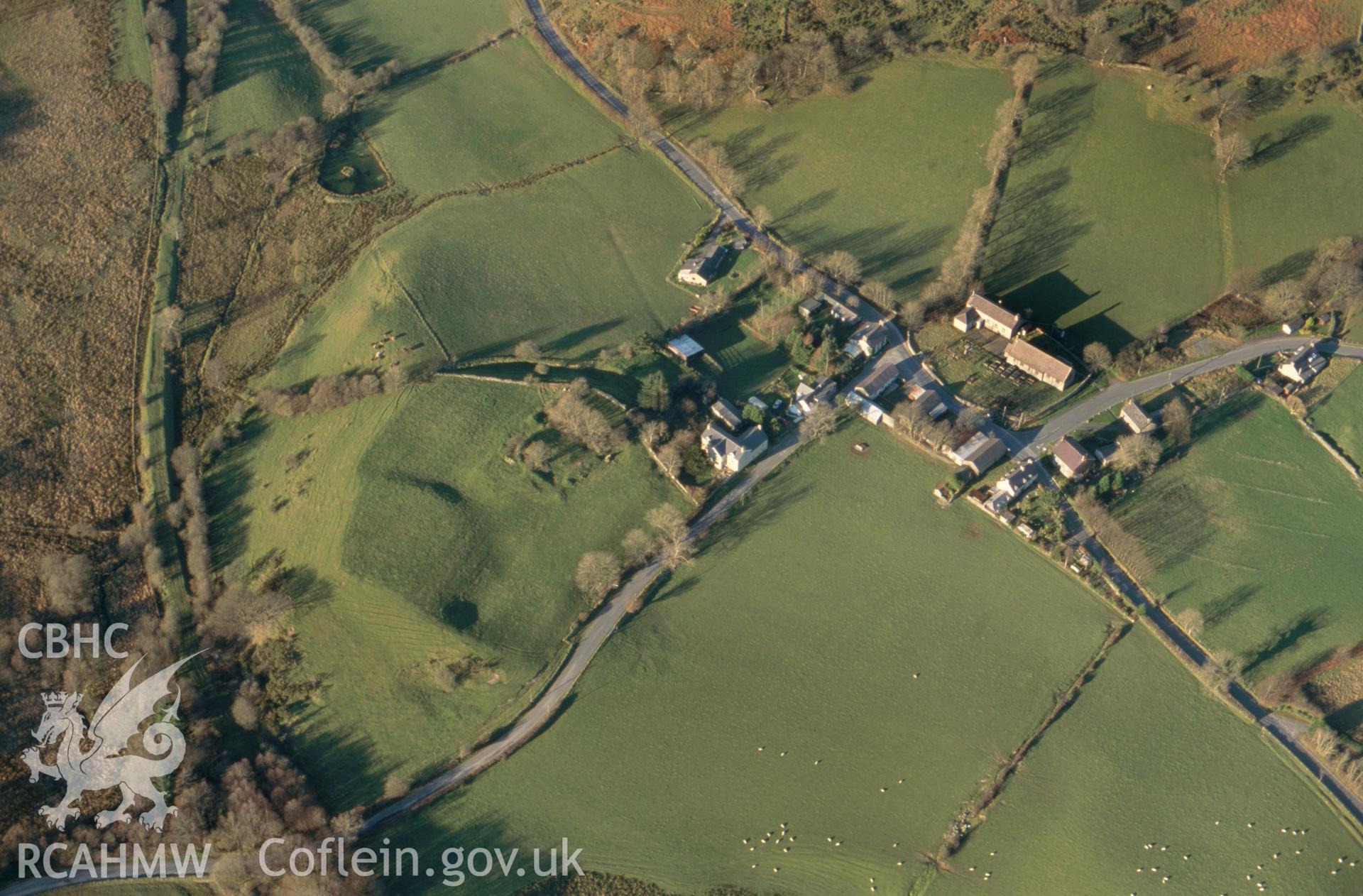 Slide of RCAHMW colour oblique aerial photograph showing Ystrad Meurig Castle, taken by T.G. Driver, 2001.