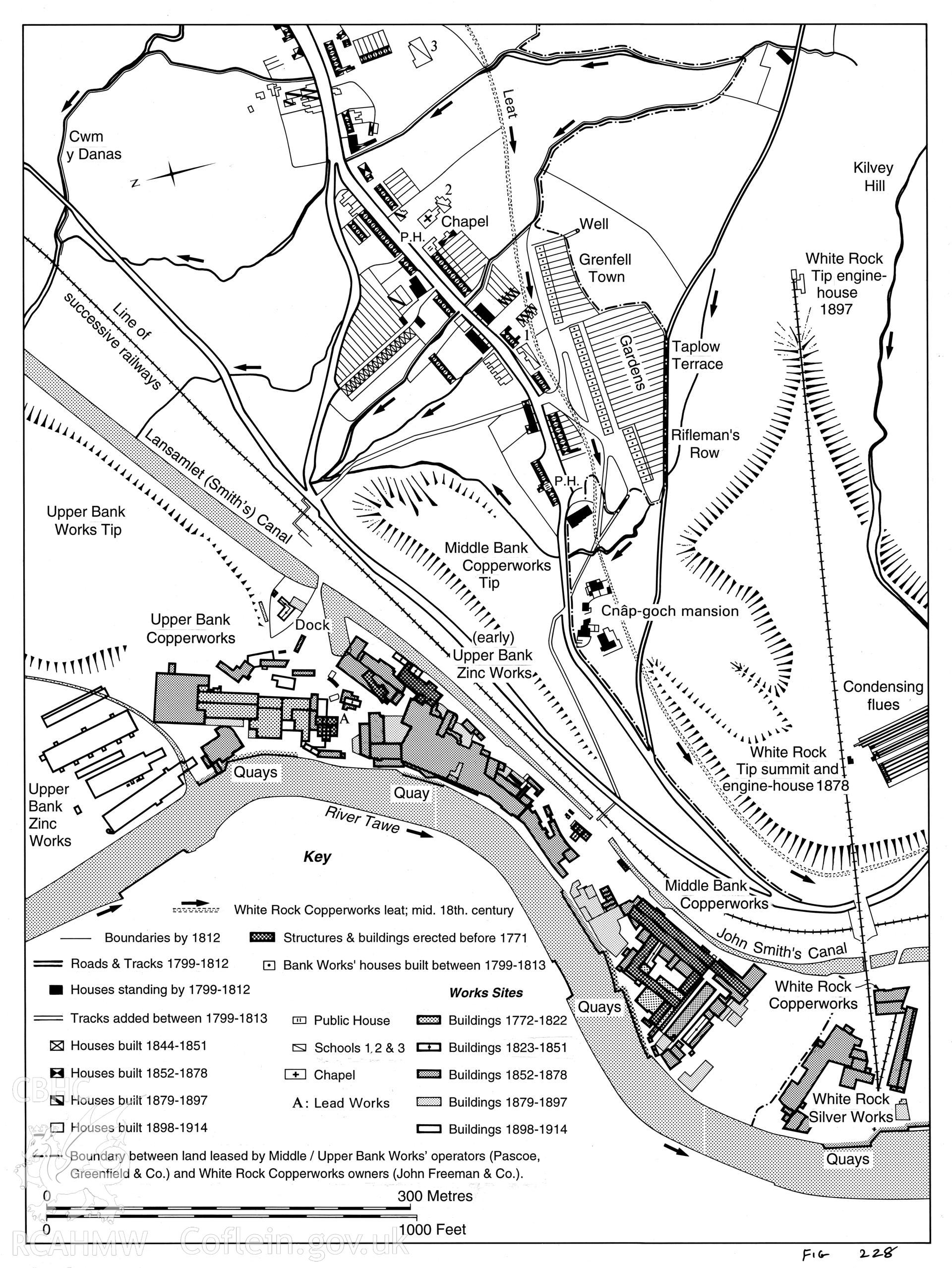 Map showing workers housing around the Middle and Upper Bank Copperworks, as used in the RCAHMW publication "Copperopolis", p.204, fig. 225.