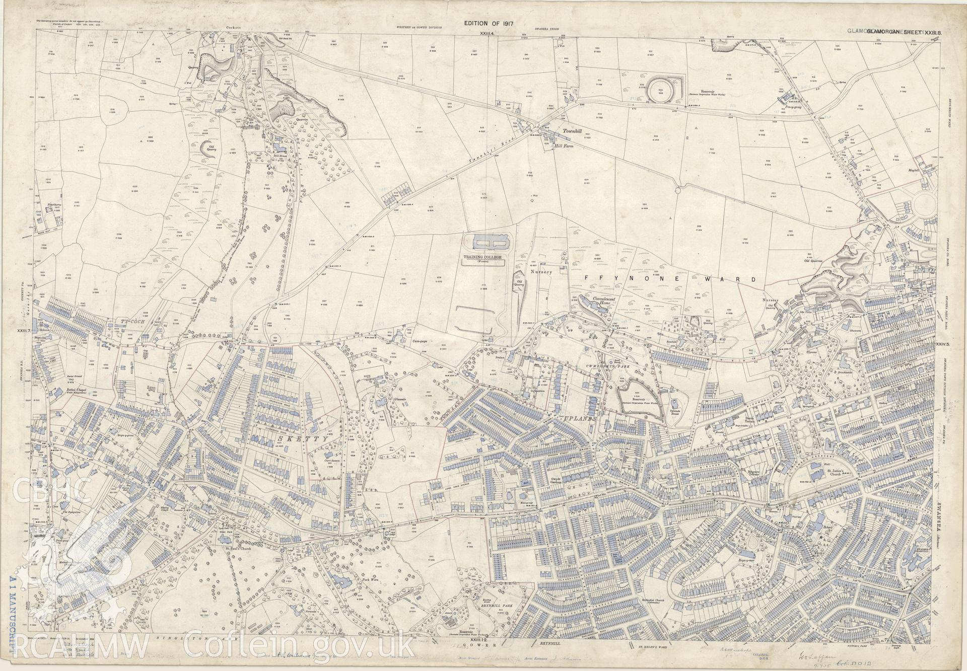 Ordnance Survey 25 inch 1917 Edition  map , showing the Sketty and Uplands area of Swansea.