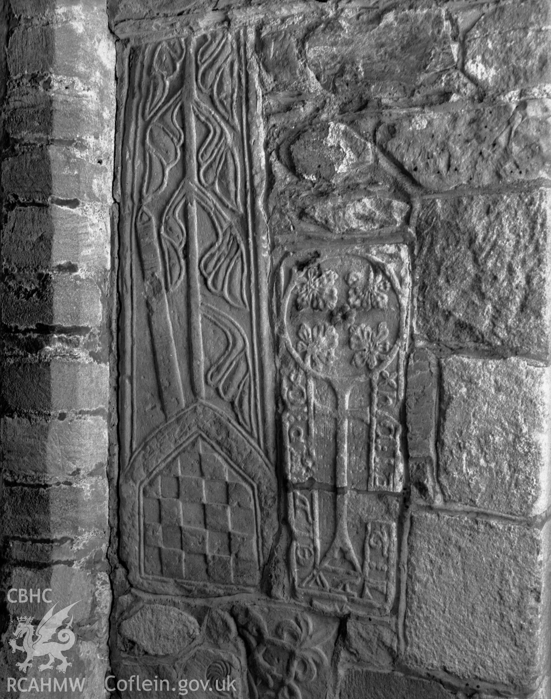View of decorated slabs in the walls of St Benedicts Church, Gyffin, taken 30.09.48.