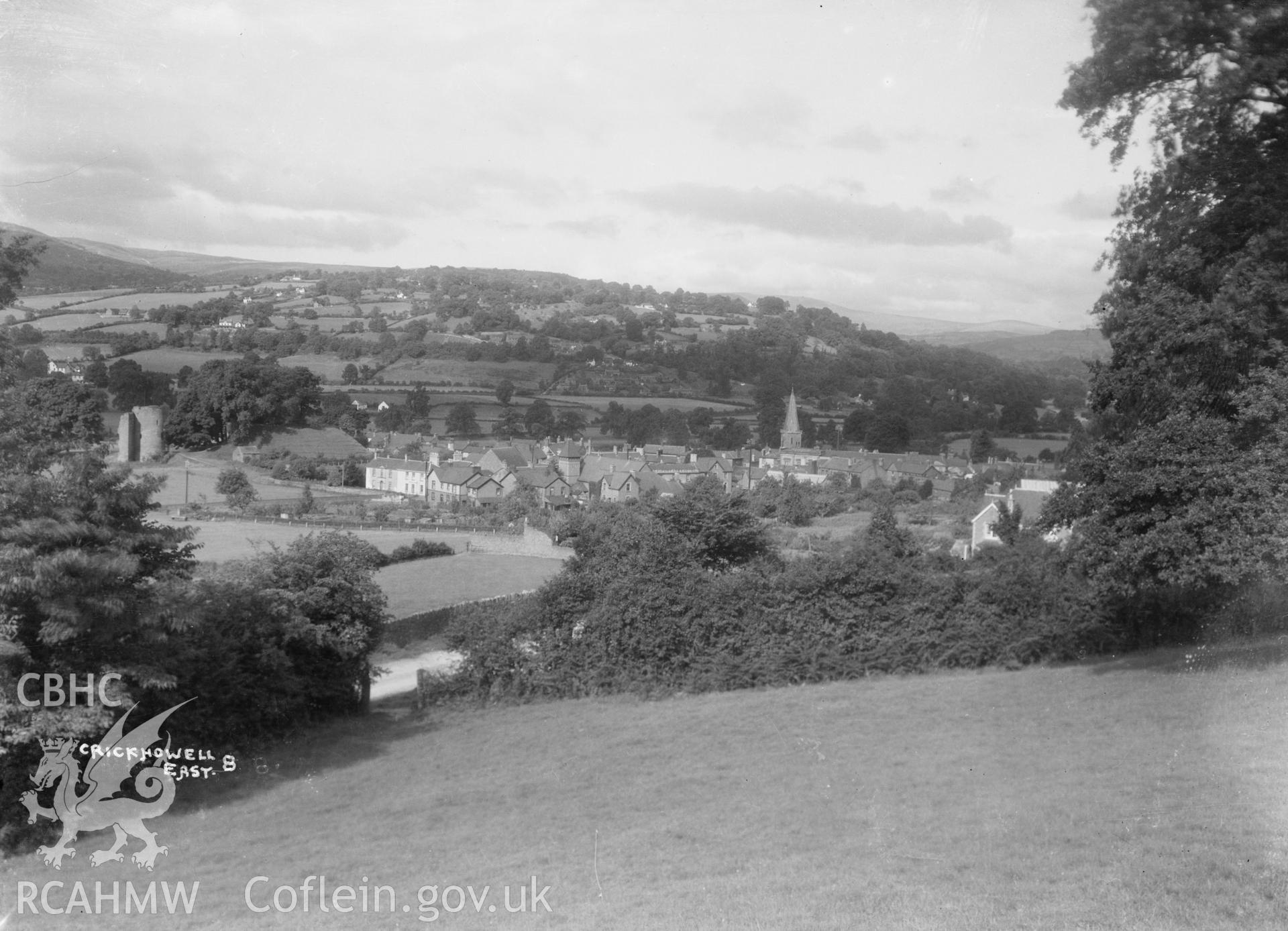Landscape view of Crickhowell Town from the east,  taken by W A Call circa 1920.