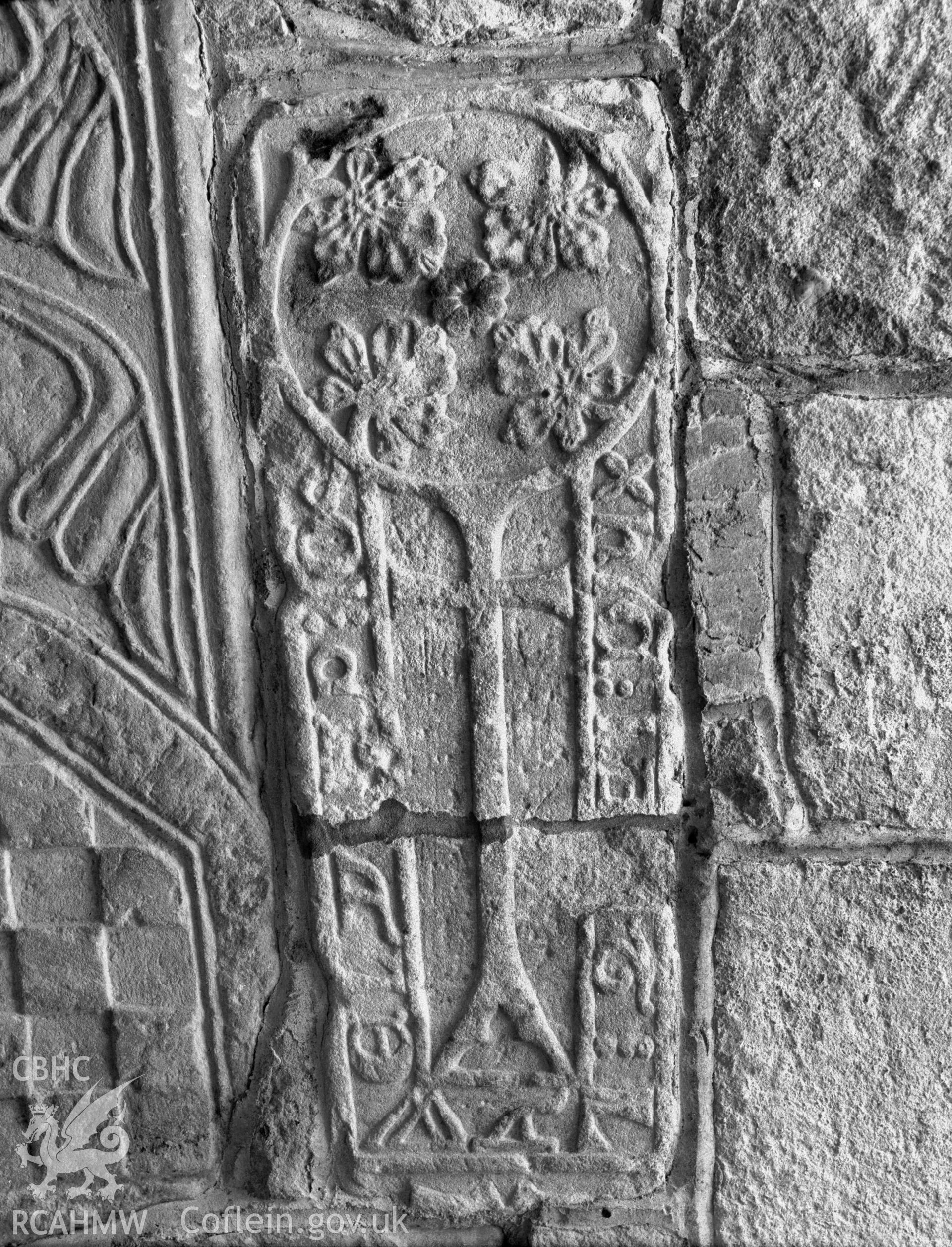 View of decorated slabs in the walls of St Benedicts Church, Gyffin, taken 30.09.48.