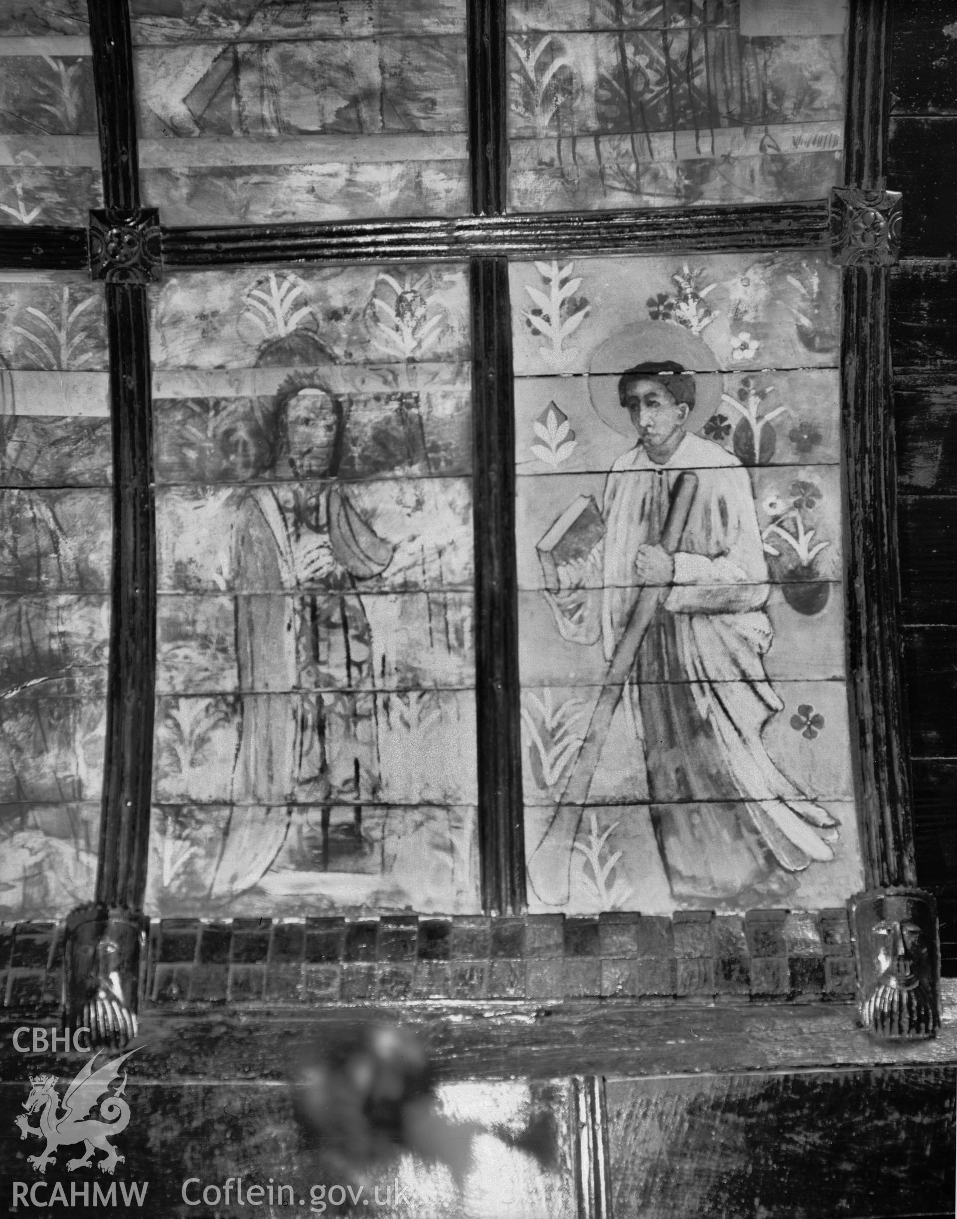 Interior view of St Benedicts Church, Gyffin showing ceiling paintings, taken 30.09.48.