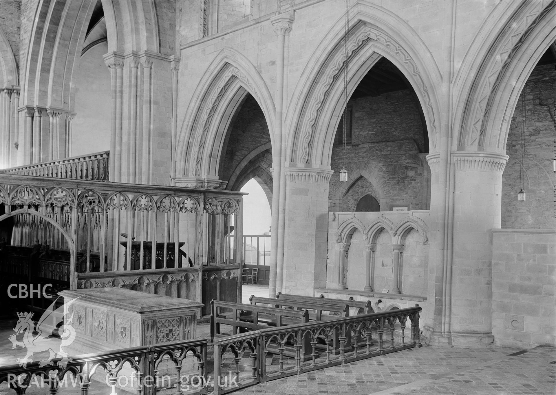 Interior view of St Davids Cathedral showing north side of the presbytery.