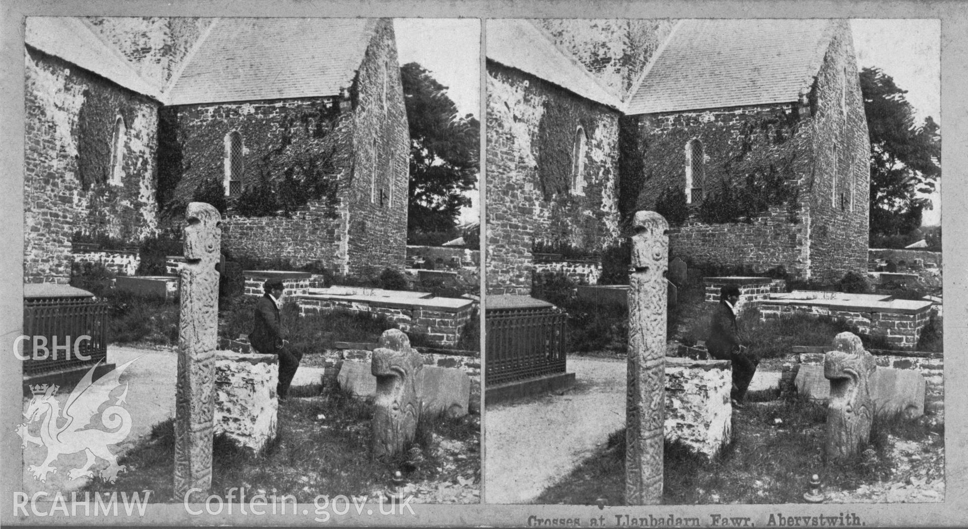 Black and white photograph of inscibed stone at Llanbadarn Church copied from an original 19th C. stereoscopic picture in the possession of Thomas Lloyd.