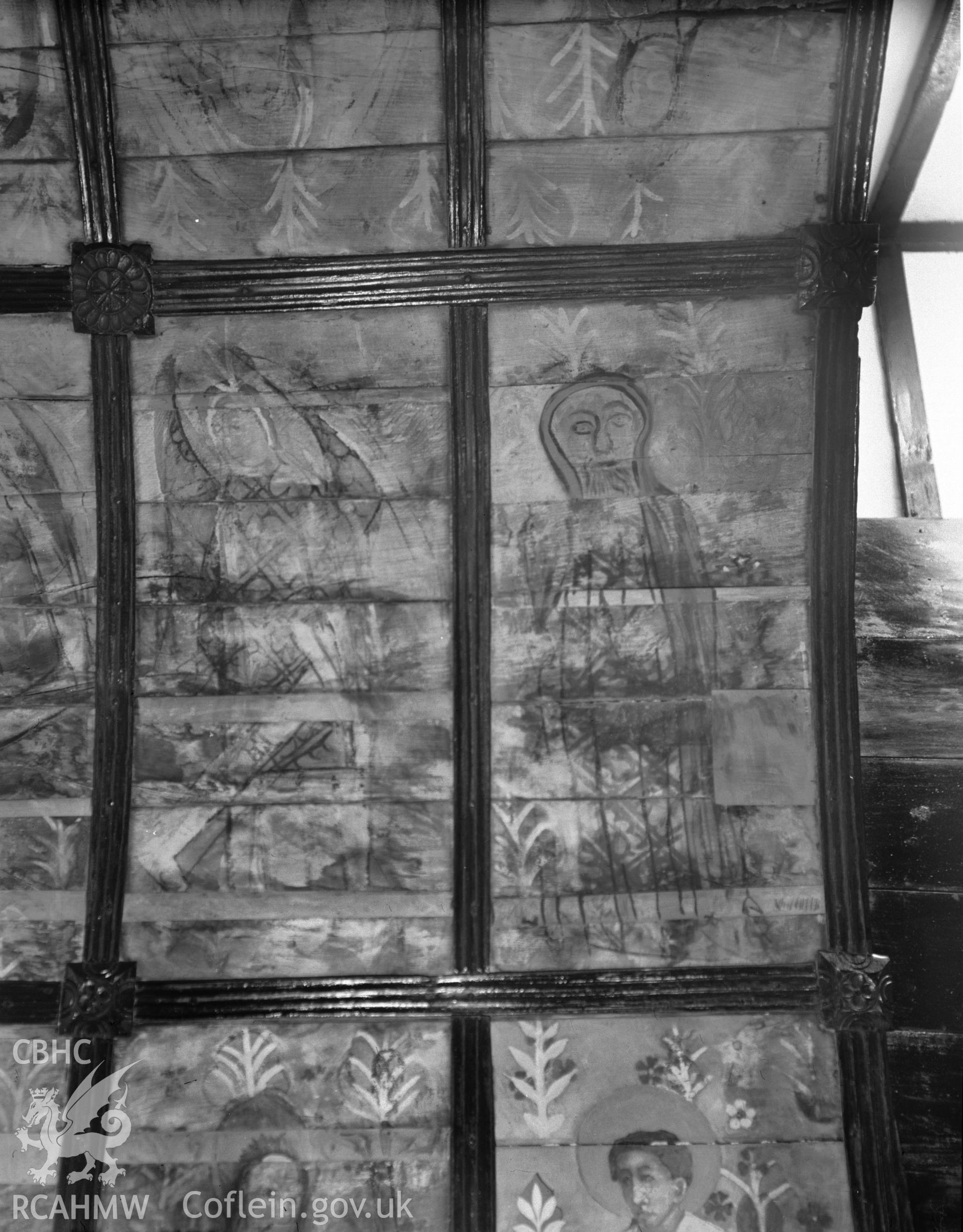 Interior view of St Benedicts Church, Gyffin showing ceiling paintings, taken 30.09.48. Nitrate negative.