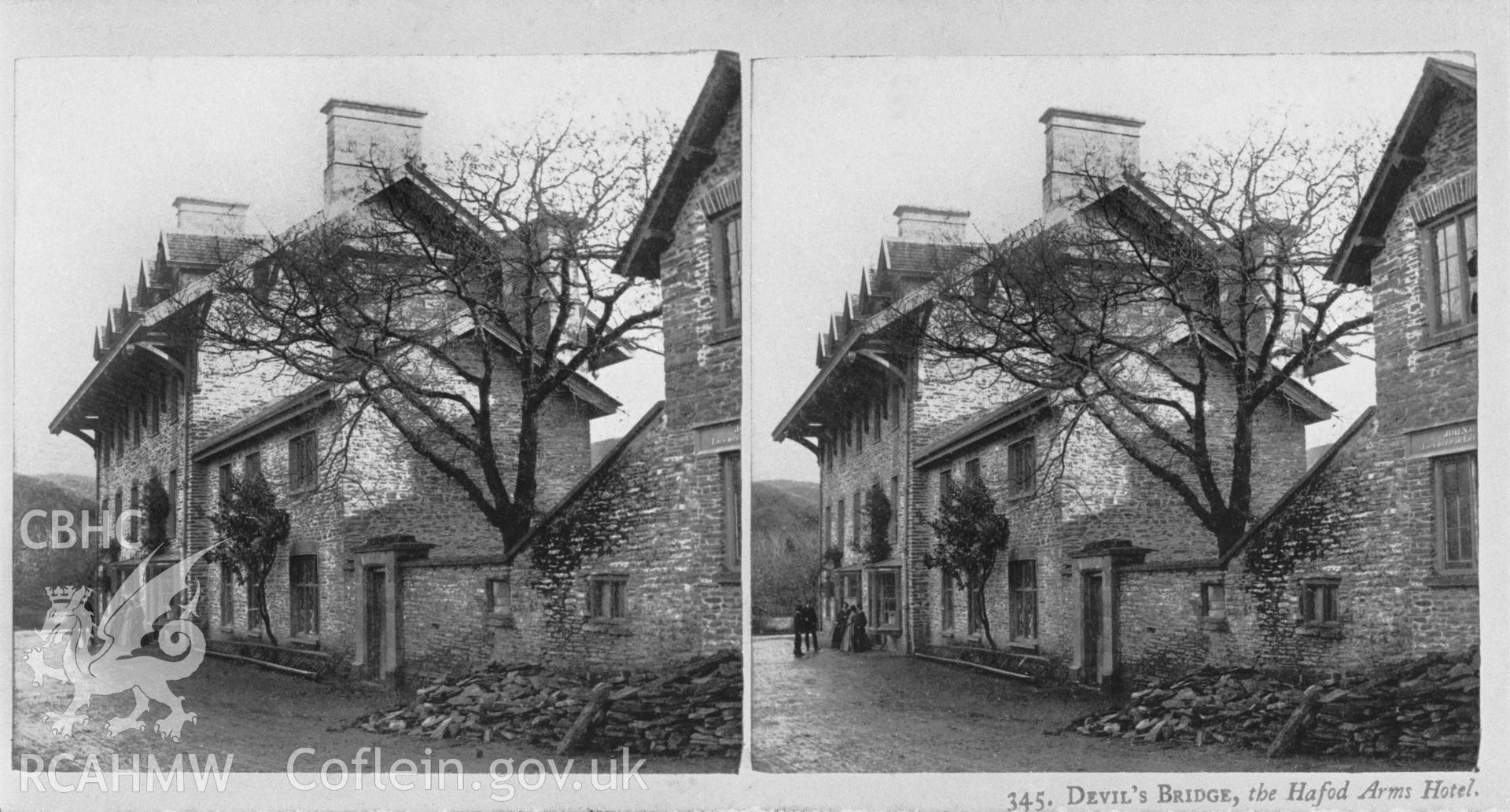 Black and white photograph of the Hafod Arms Hotel, copied from an original postcard in the possession of Thomas Lloyd. Negative held.