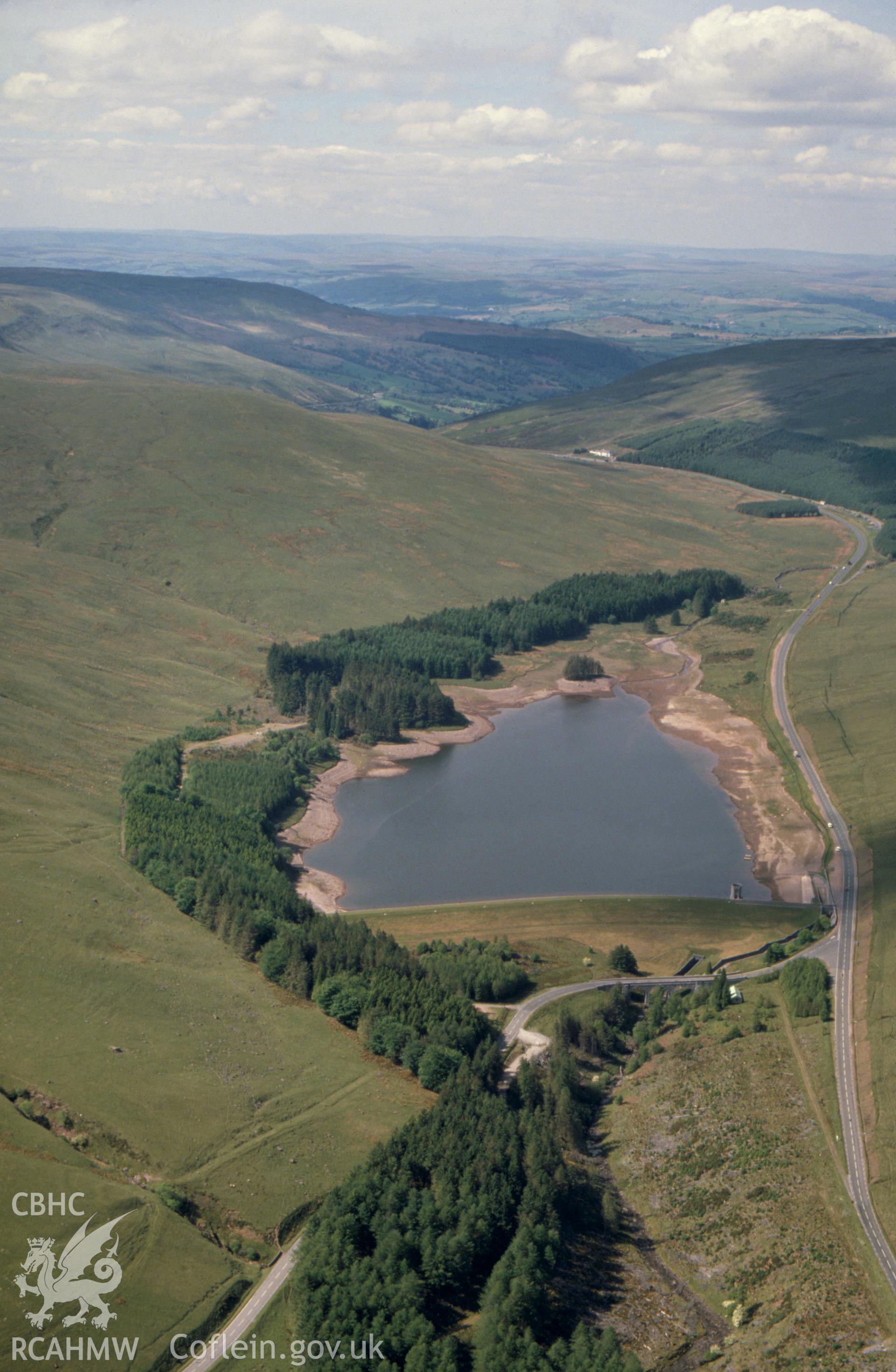 Aerial view of the Beacons Reservoir, taken by C.R. Musson, 1990.
