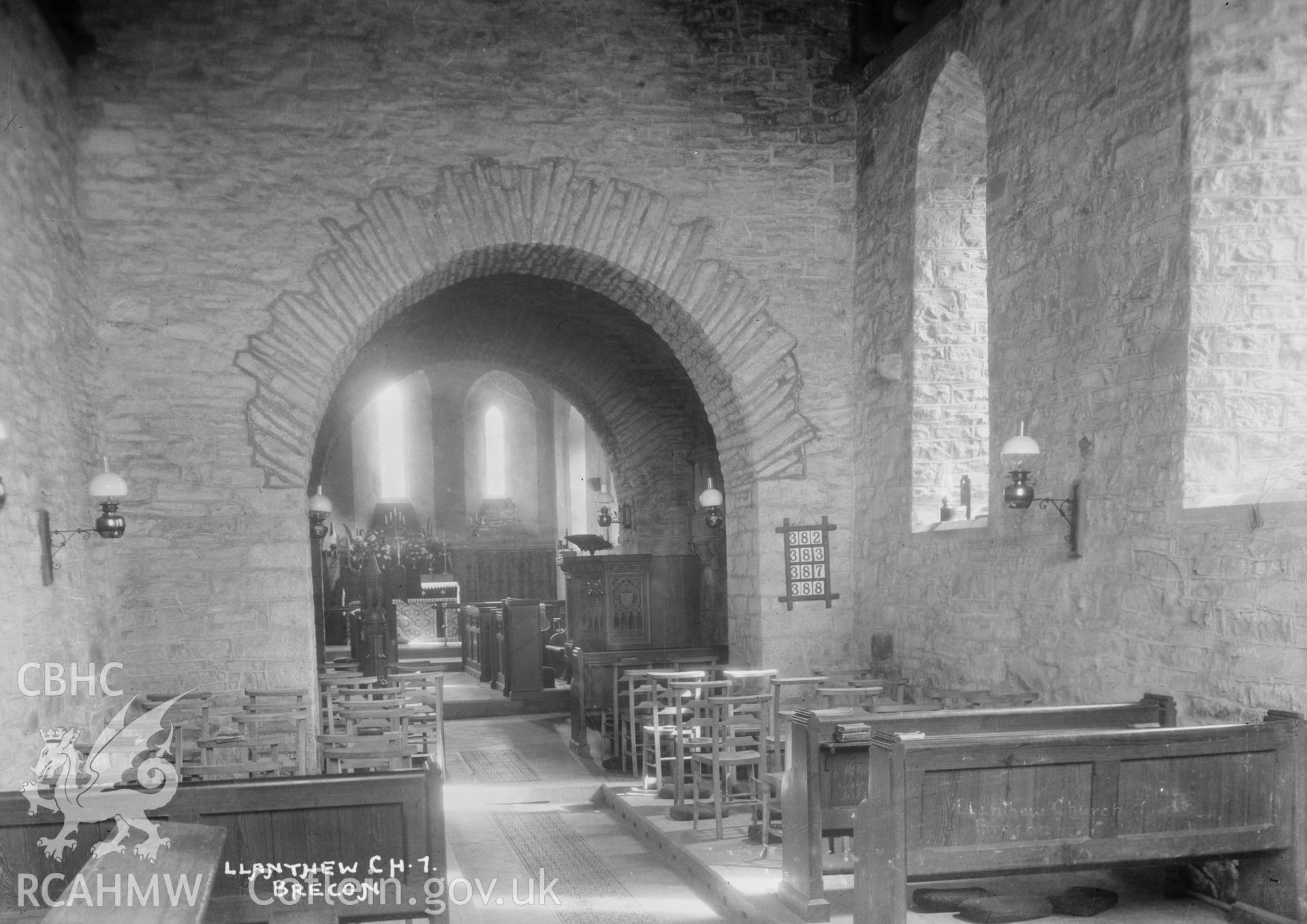 Interior view of Llanddew Church looking east,  taken by W A Call circa 1920.