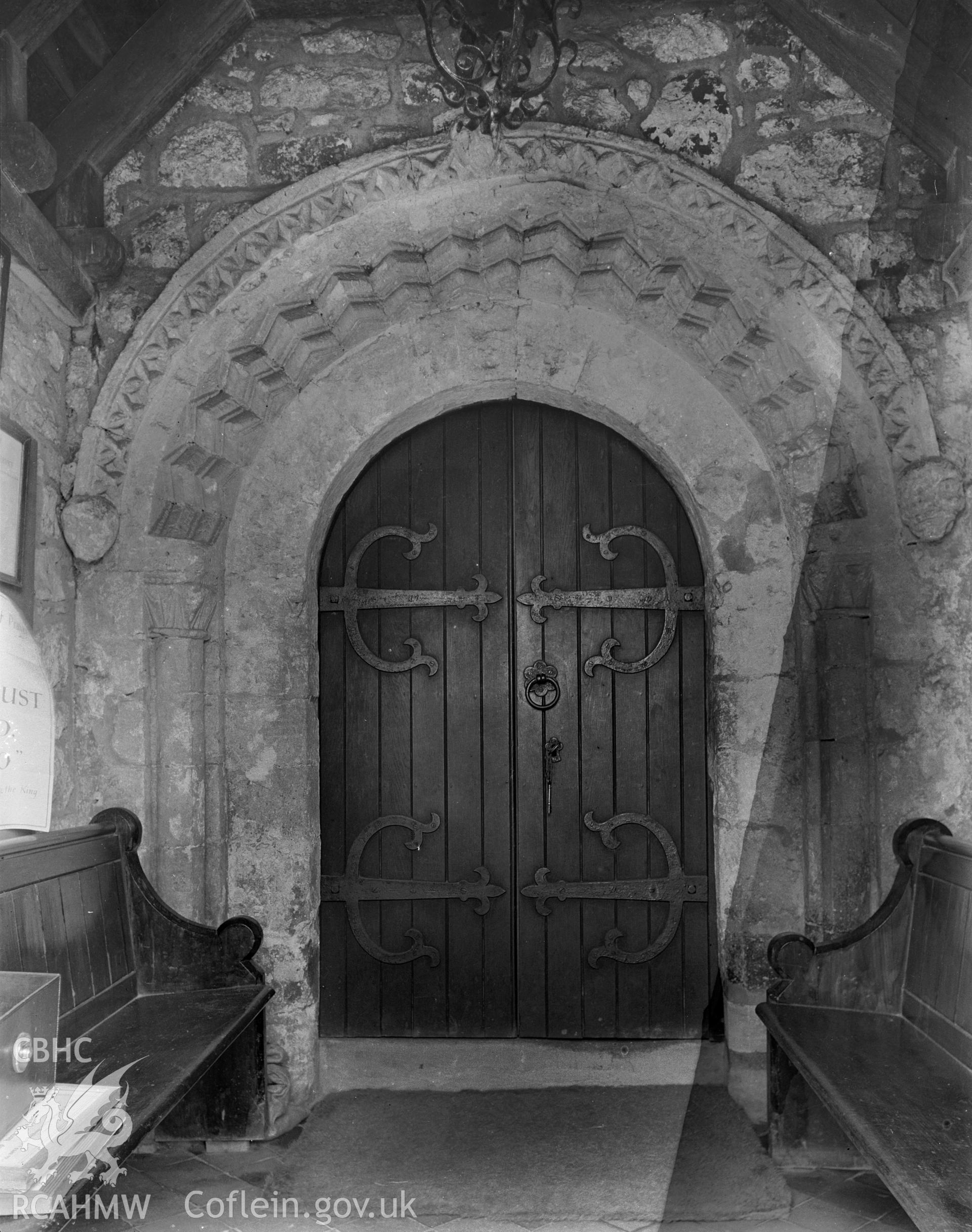 Exterior view showing the south doorway of St Mary's Church, Rhossili Gower, taken 19.06.1940.