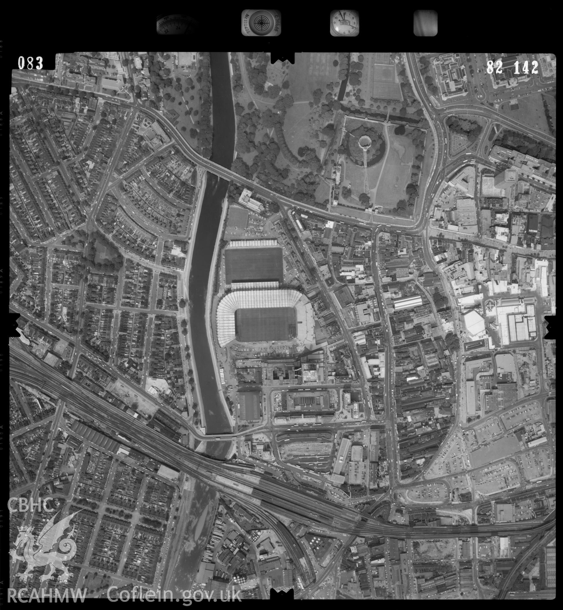 Digitized copy of an aerial photograph showing the Riverside area of Cardiff, taken by Ordnance Survey, 1982.