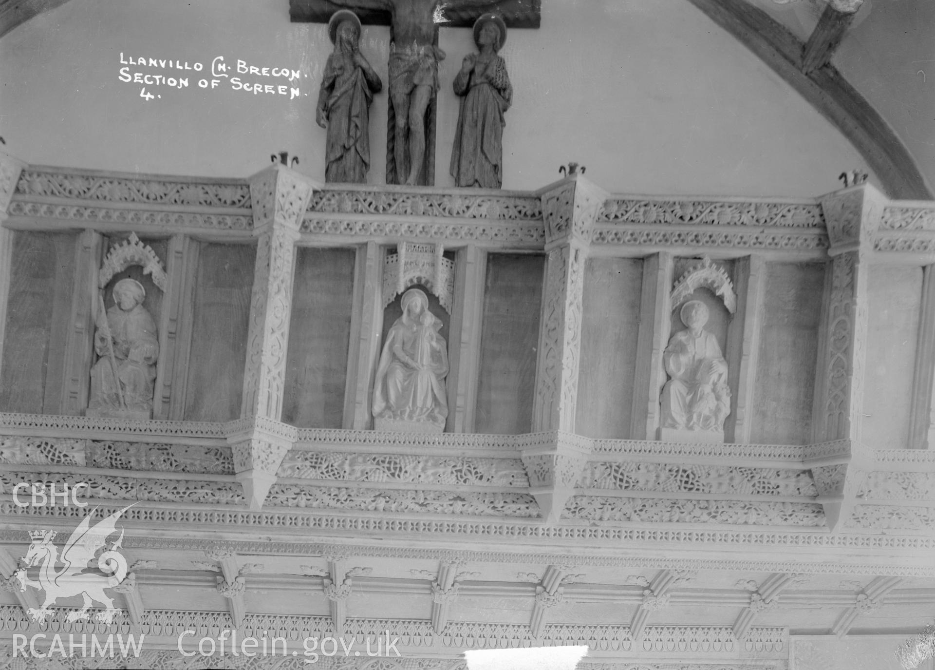 View of screen section in Llanfilo Church, Brecon. taken by W A Call circa 1920.