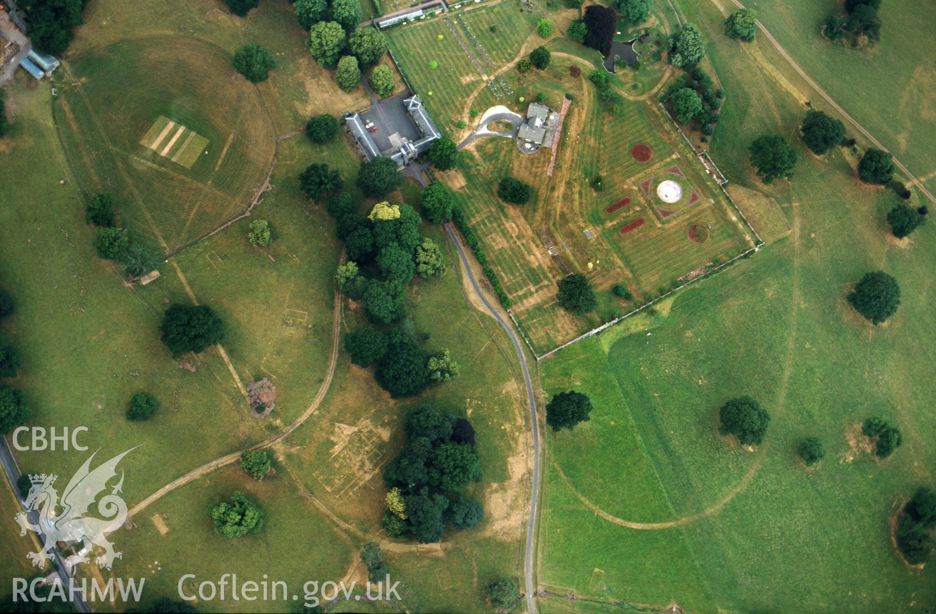 RCAHMW colour slide oblique aerial photograph of park and gardens at Glanusk, Llangattock, taken by C.R.Musson on the 24/07/1996