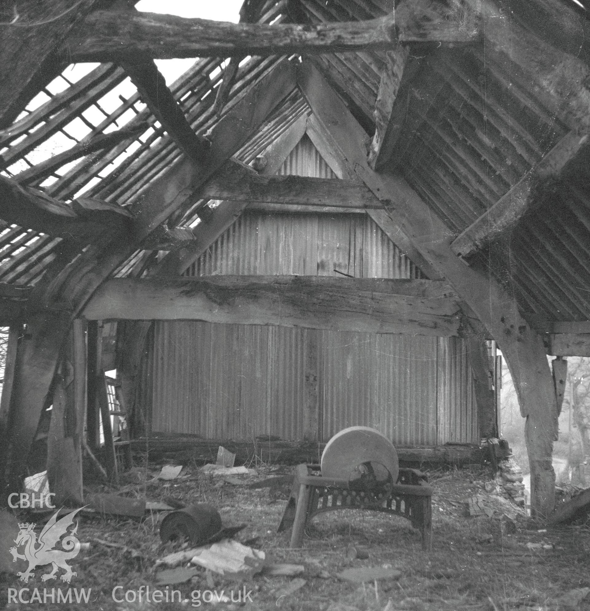 Interior of the barn at Cefn y Mynach, looking west.