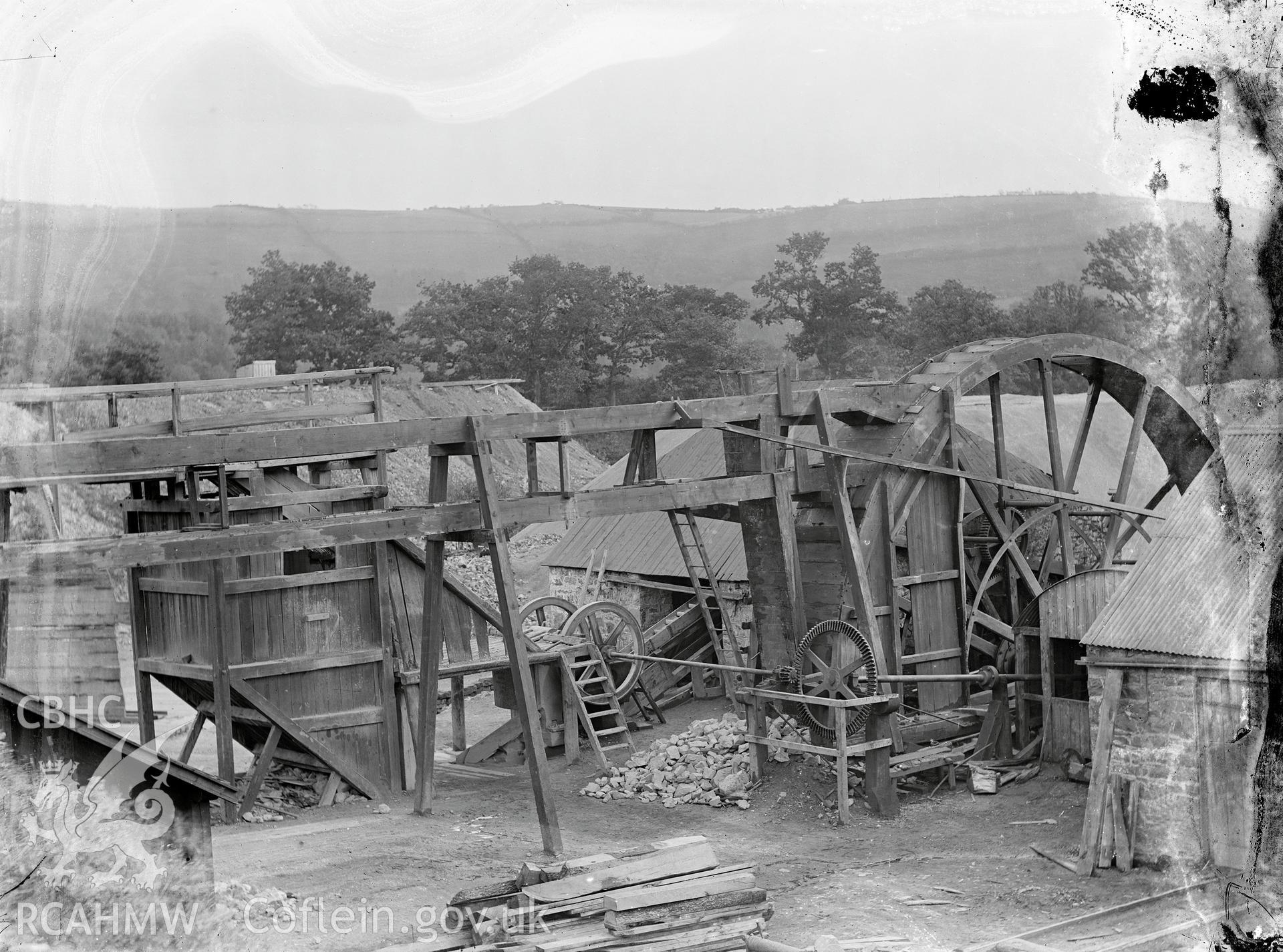 Black and white image dating from c.1910 showing machinery of unidentified purpose believed to be situated in or near Aberystwyth, possibly Llettyhen Mine(?), Cwmsymlog,  taken by Emile T. Evans.