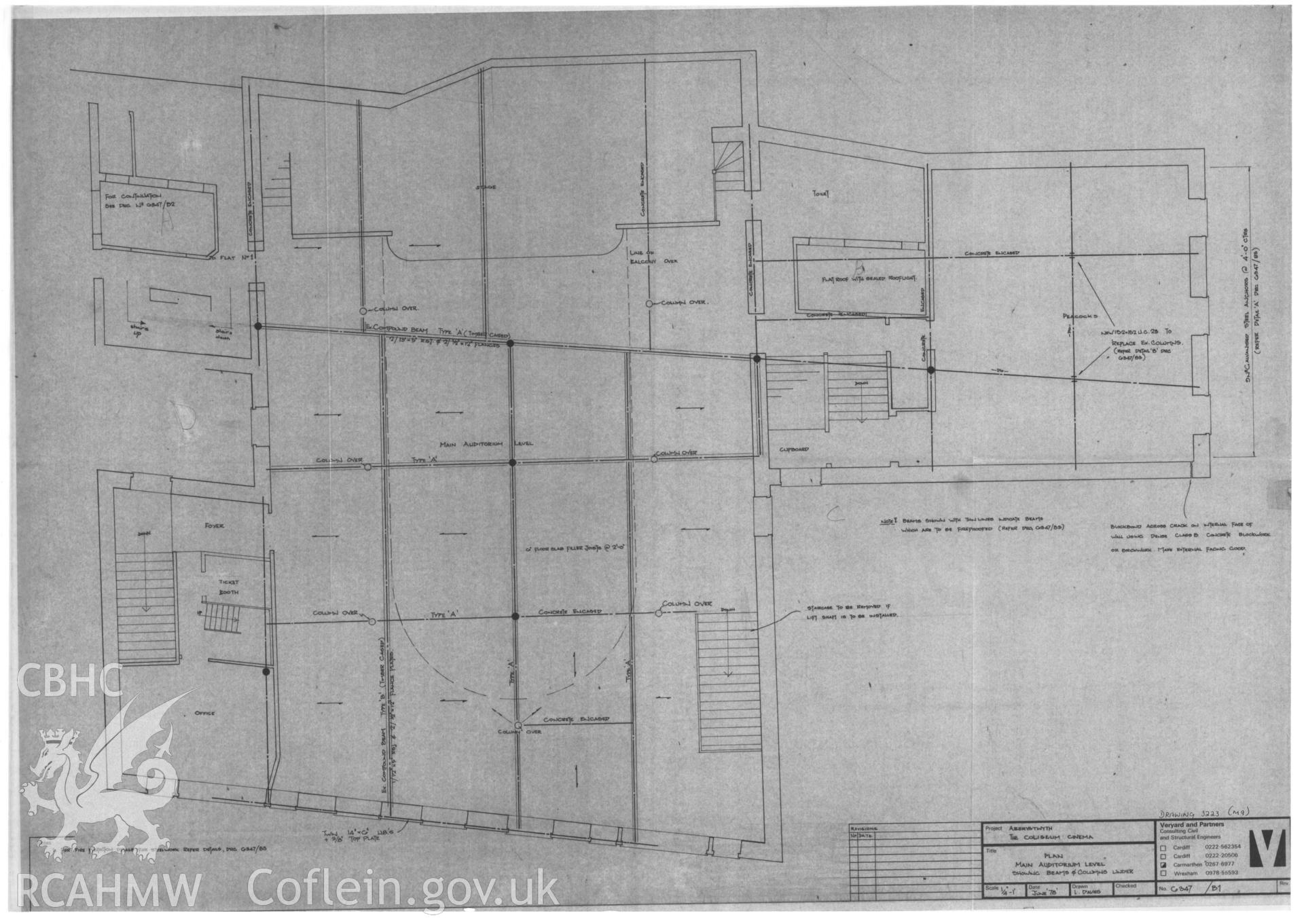 Copy of a non RCAHMW drawing showing main auditorium plan of Coliseum Cinema, Aberystwyth, received in the course of threatened buildings case ref no M/DES/B/CD/79/01