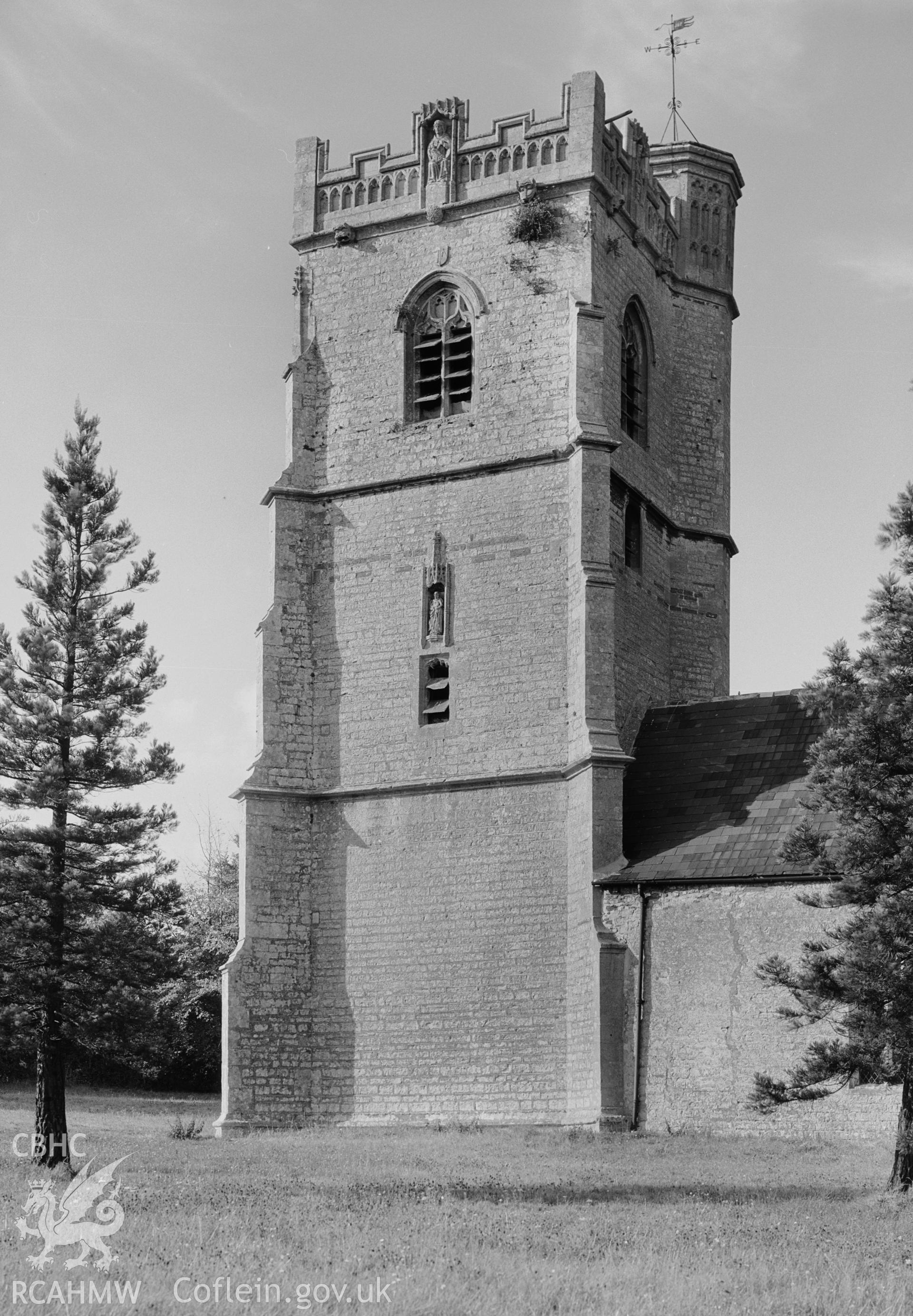 The tower at St Bride's Church from the southeast, taken by Clayton.