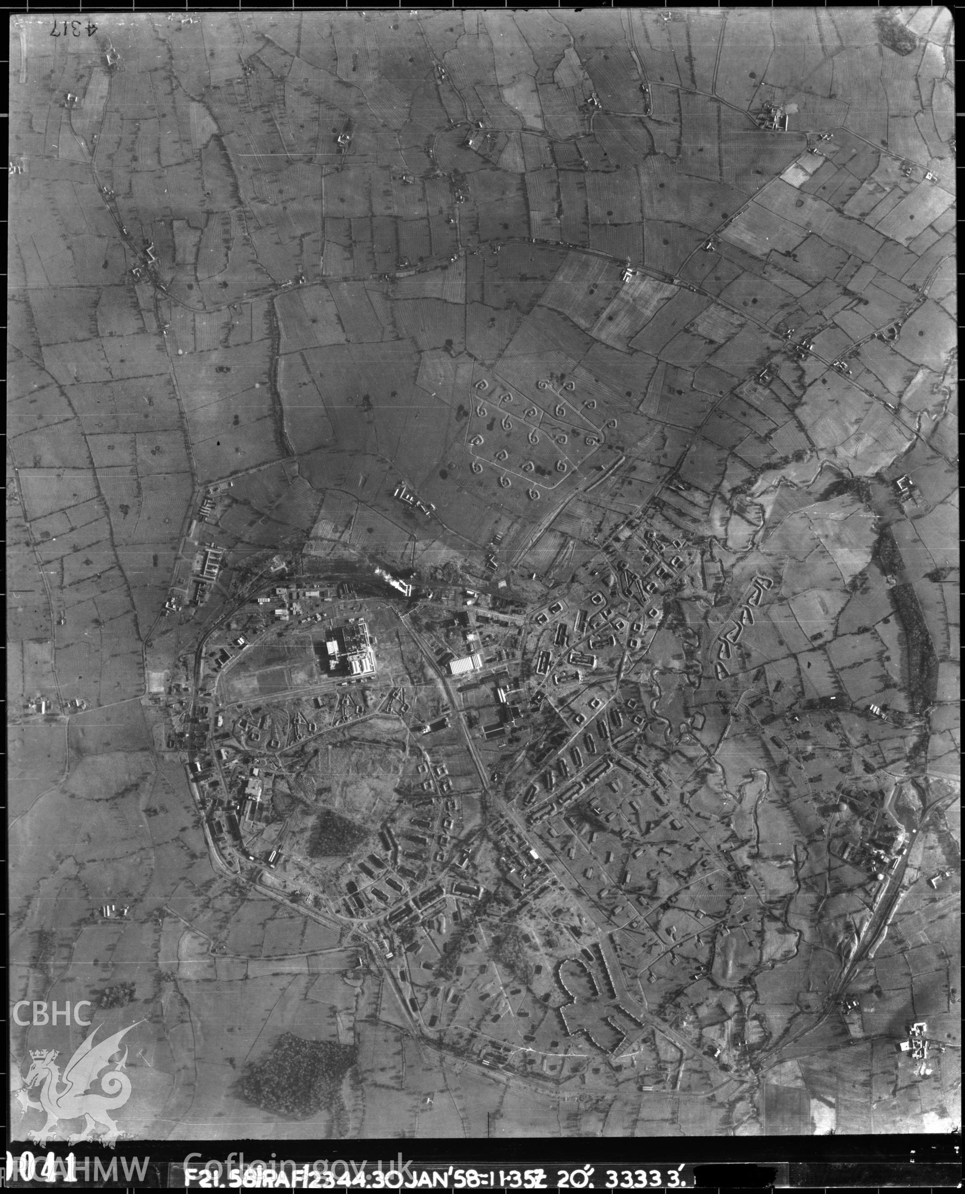 Black and white vertical aerial photograph, taken by the RAF, showing Marchwiel Royal Ordnance Factory. SJ3850.