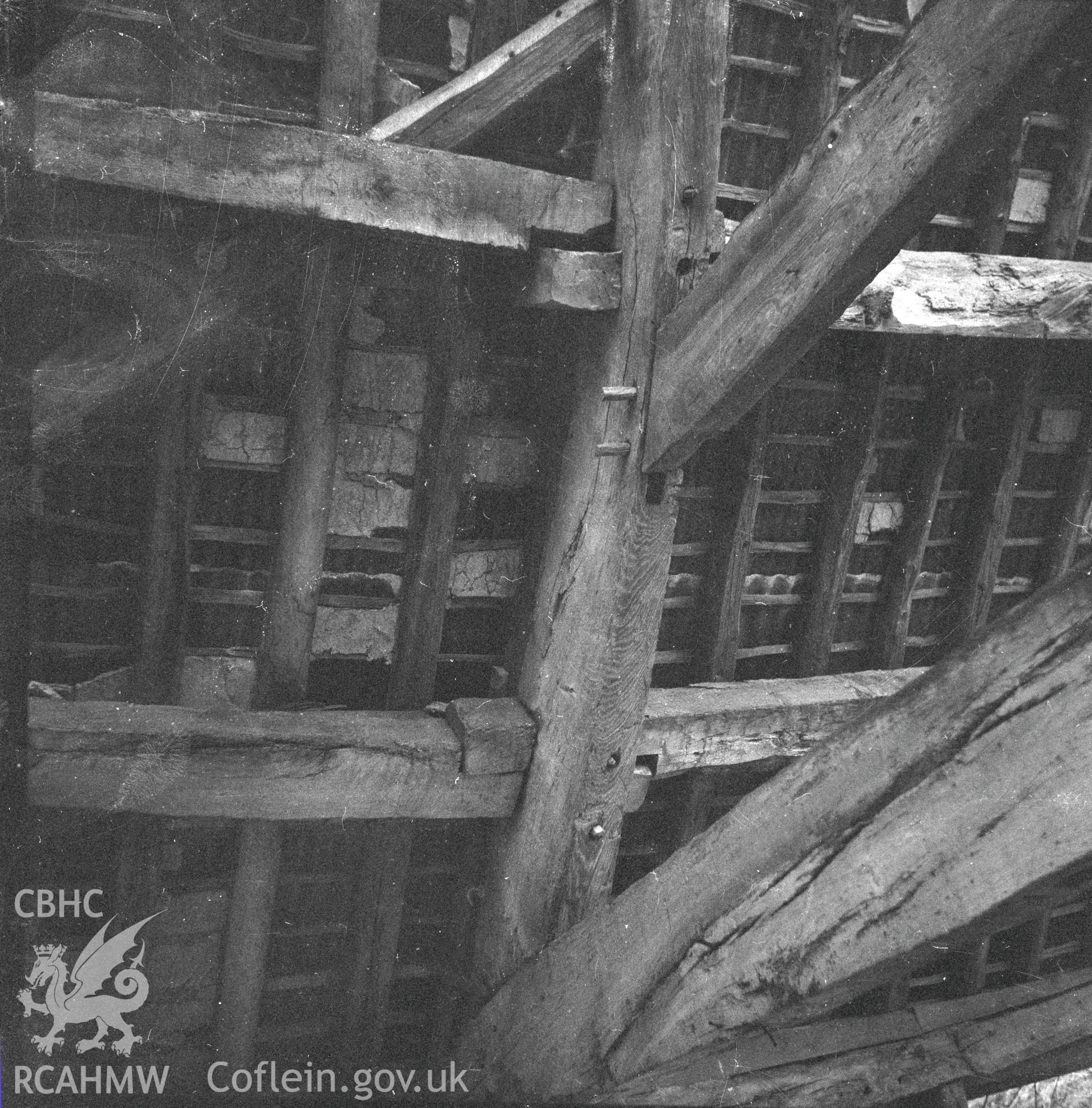 Interior view showing the roof of the barn at Cefn y Mynach.