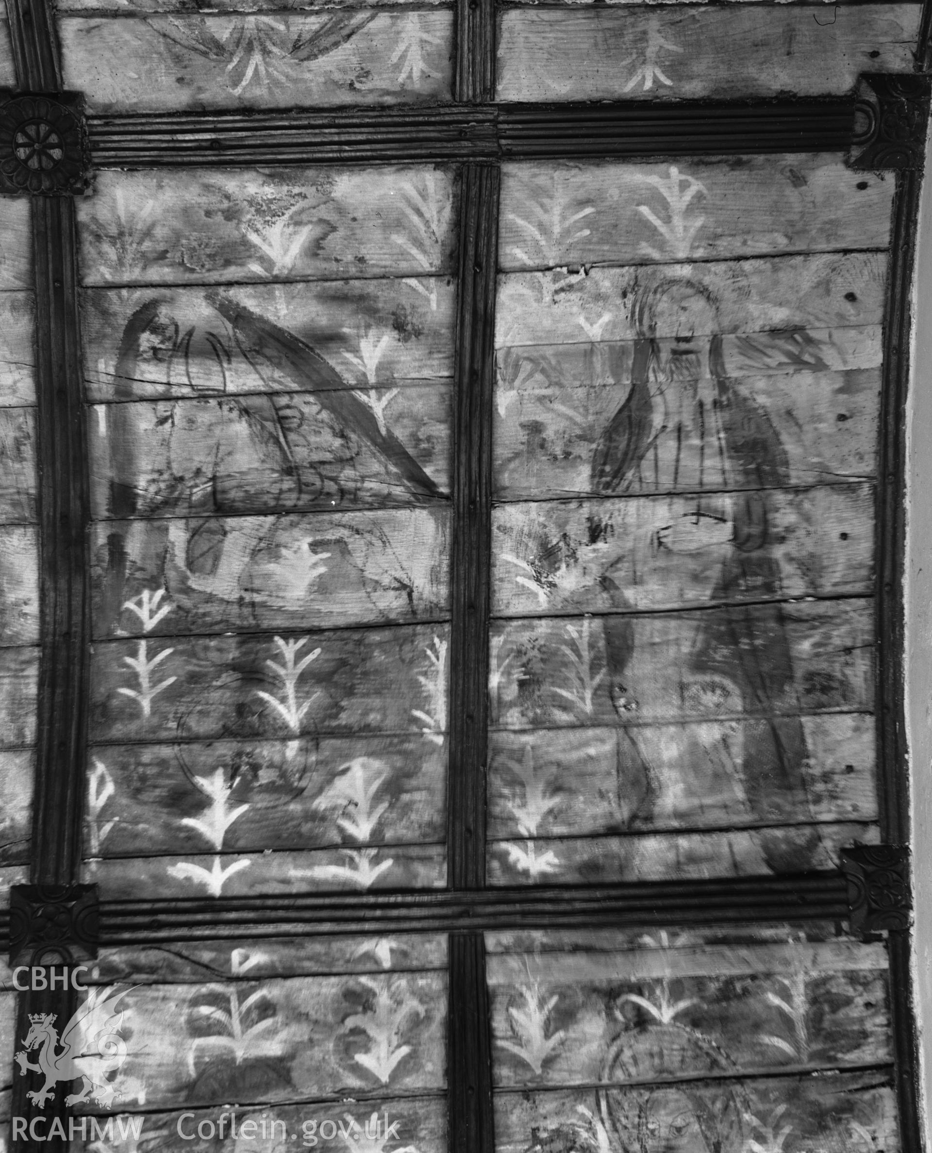 Interior view of St Benedicts Church, Gyffin showing ceiling paintings, taken 30.09.48.