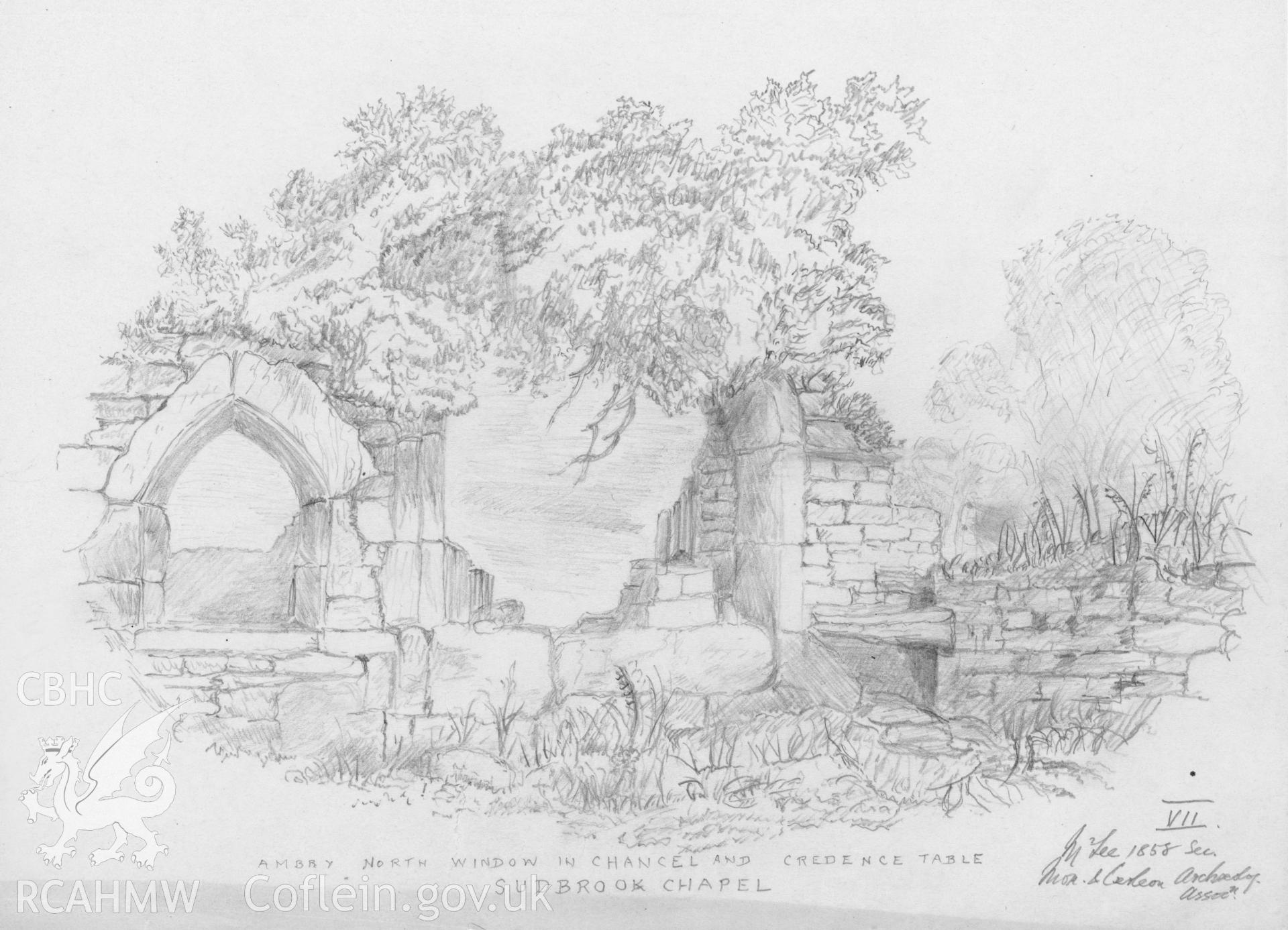 Drawing from the Revd. C.H.A. Porter Collection.  Drawing of Sudbrook Chapel, illustrating the ambry, north window in chancel and credence table, after original by McLee (1858).