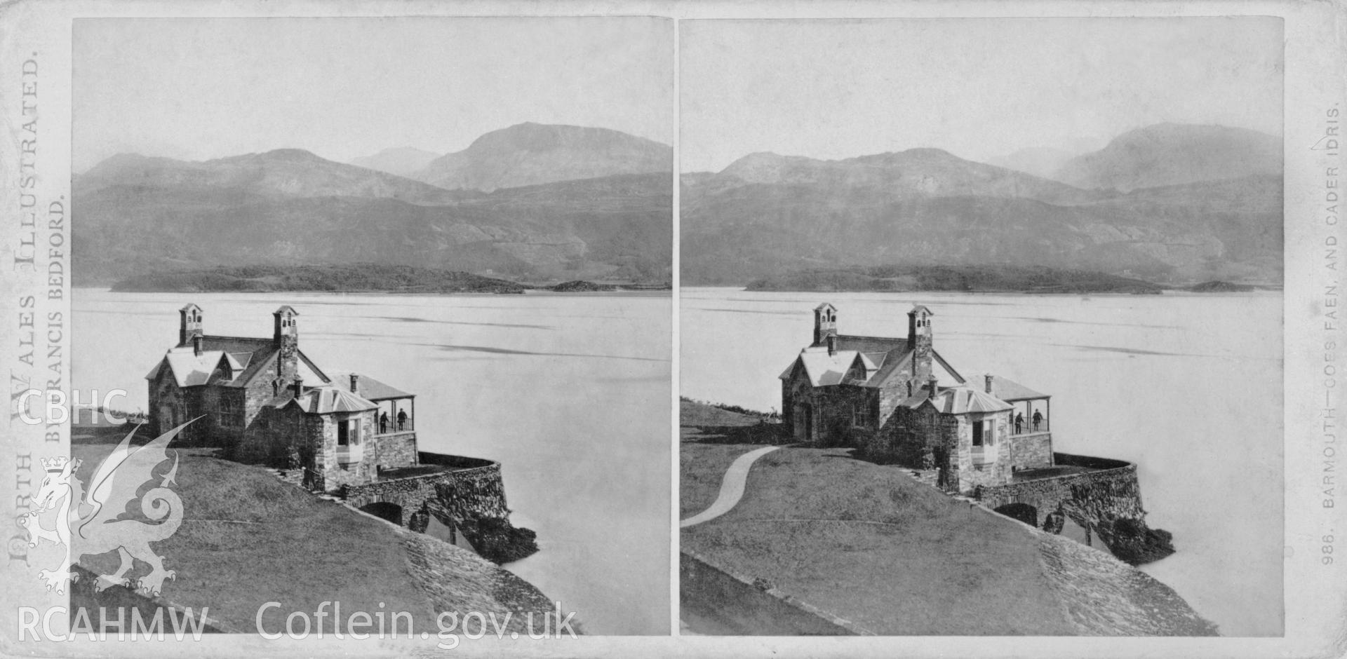 Black and white print of Coesfaen Hall, near Barmouth, copied from an original steroescopic picture in the possession of Thomas Lloyd. Negative held.