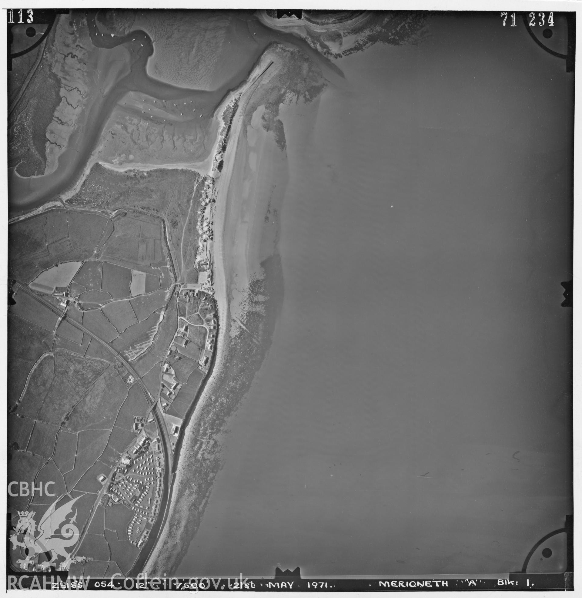 Digitized copy of an aerial photograph showing an area south-west of Llandanwg,  taken by Ordnance Survey, 1971.