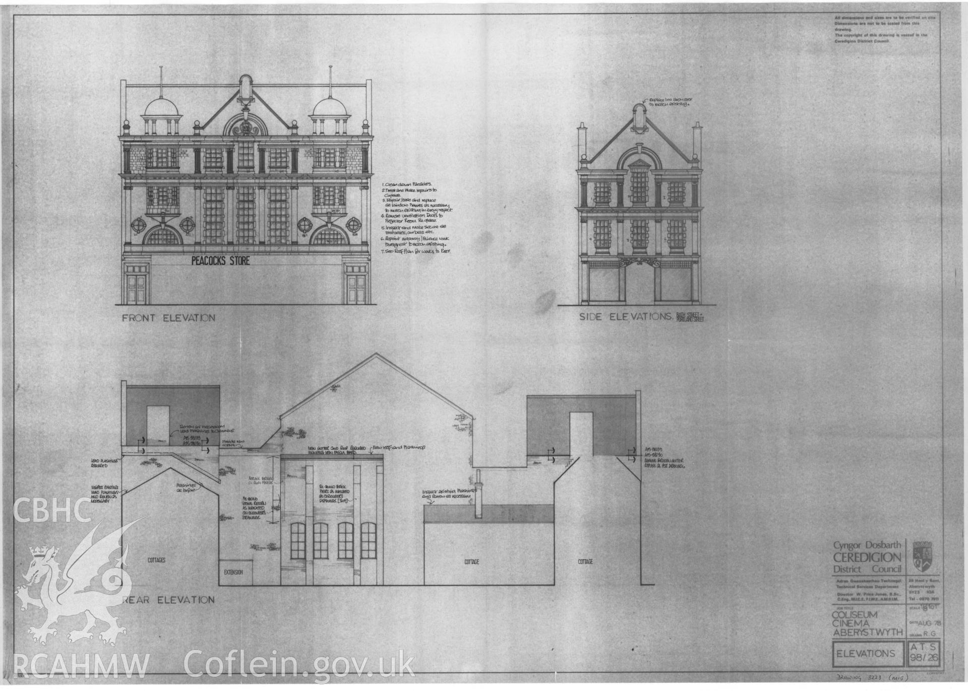 Copy of a non RCAHMW drawing showing elevations of Coliseum Cinema, Aberystwyth, received in the course of threatened buildings case ref no M/DES/B/CD/79/01