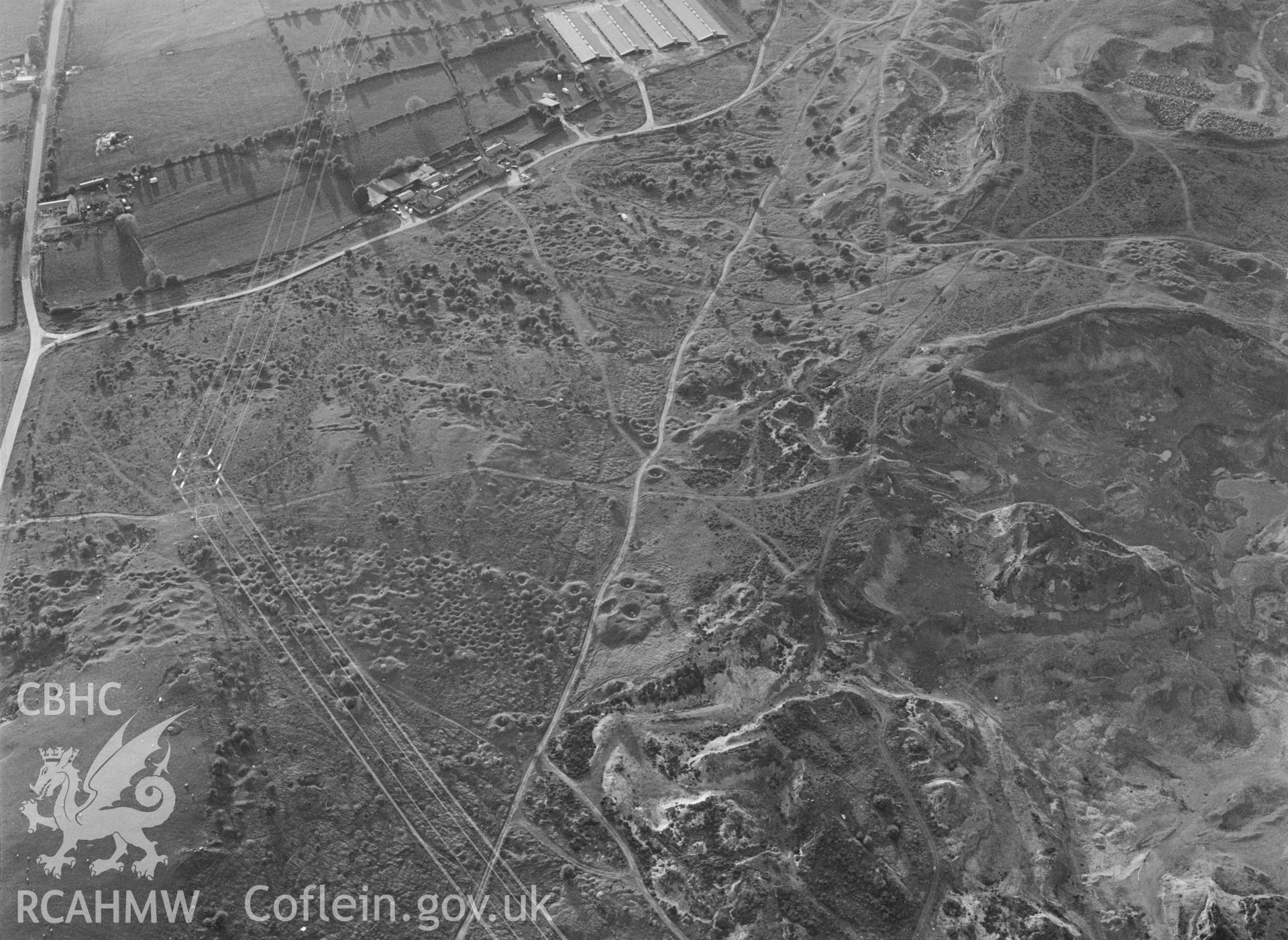 RCAHMW Black and white oblique aerial photograph of Halkyn Mountain, 1993, by C.R. Musson.