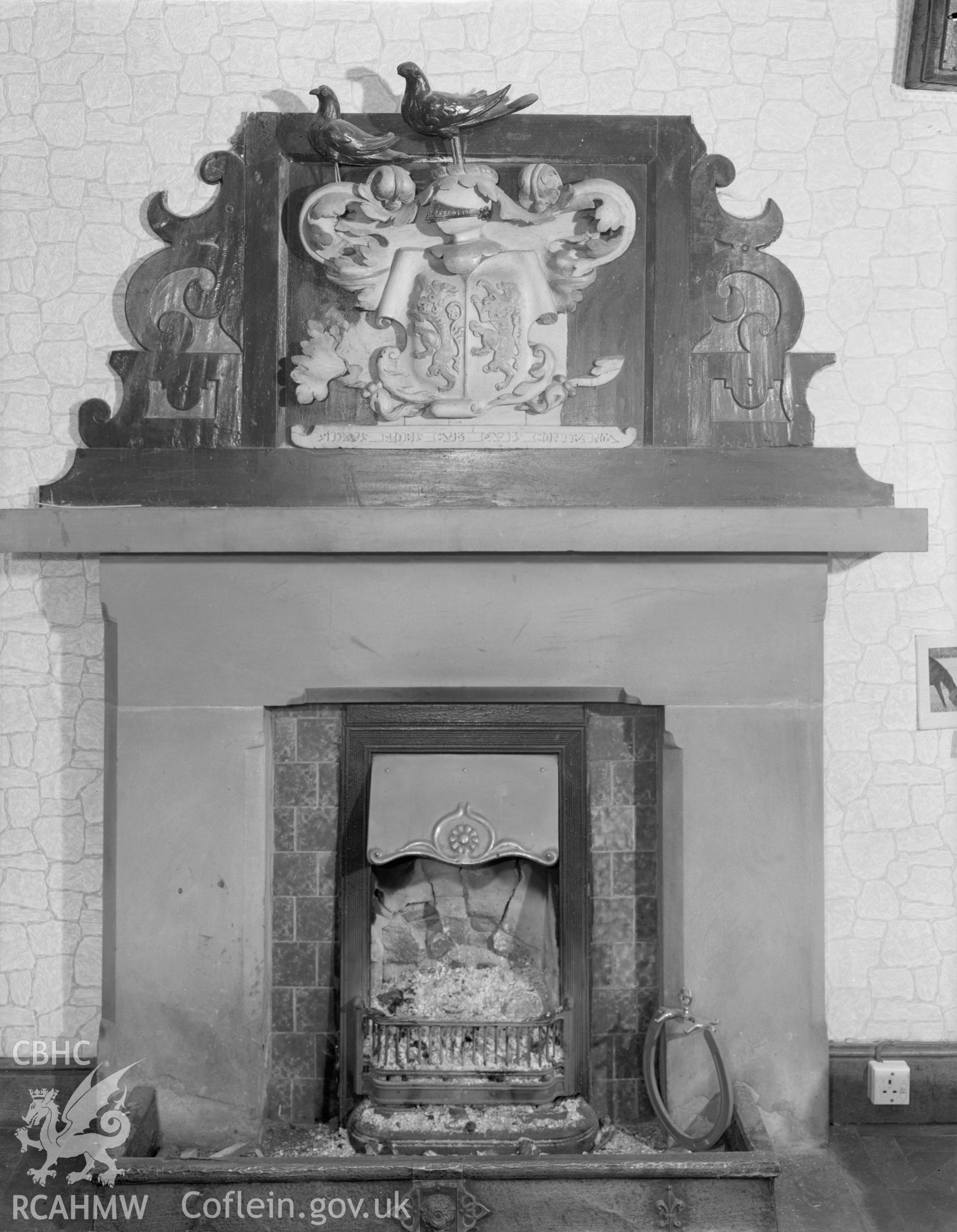 Interior view of Castell Mynach showing fireplace and coat of arms, Pentyrch taken 23.06.65.