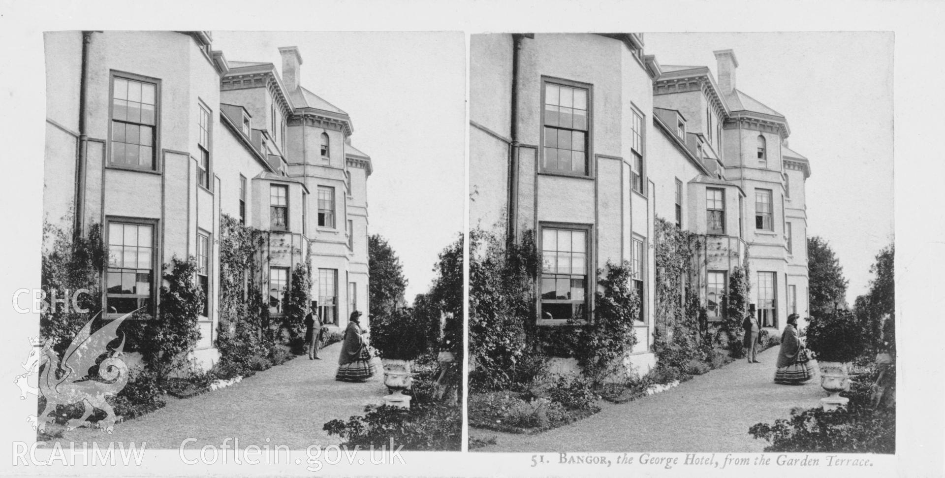 Black and white print of the George Hotel, Bangor. Copied from and original loaned by Thomas Lloyd. Negative held.