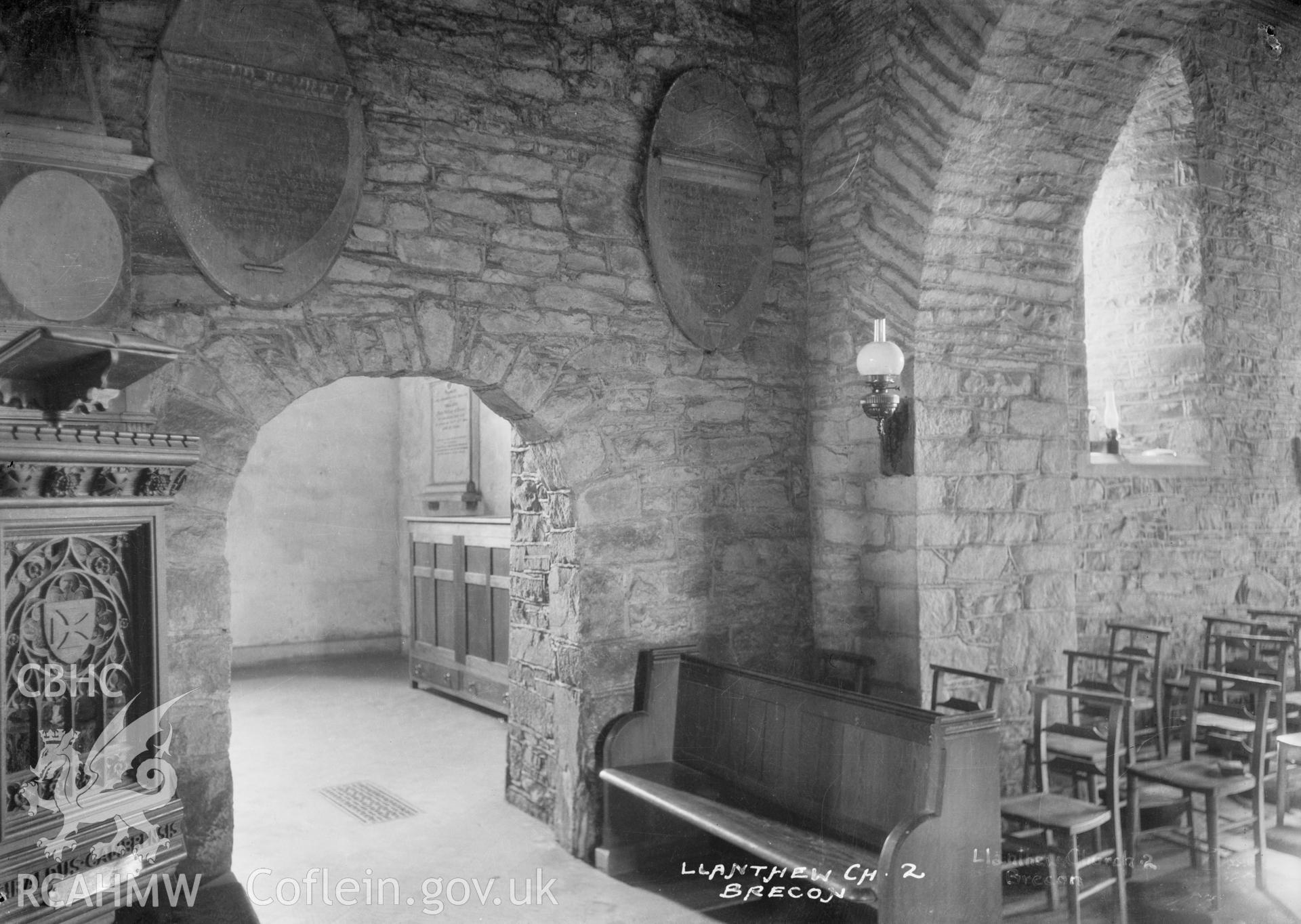 Interior view of Llanddew Church, Brecon, taken by W A Call circa 1920.