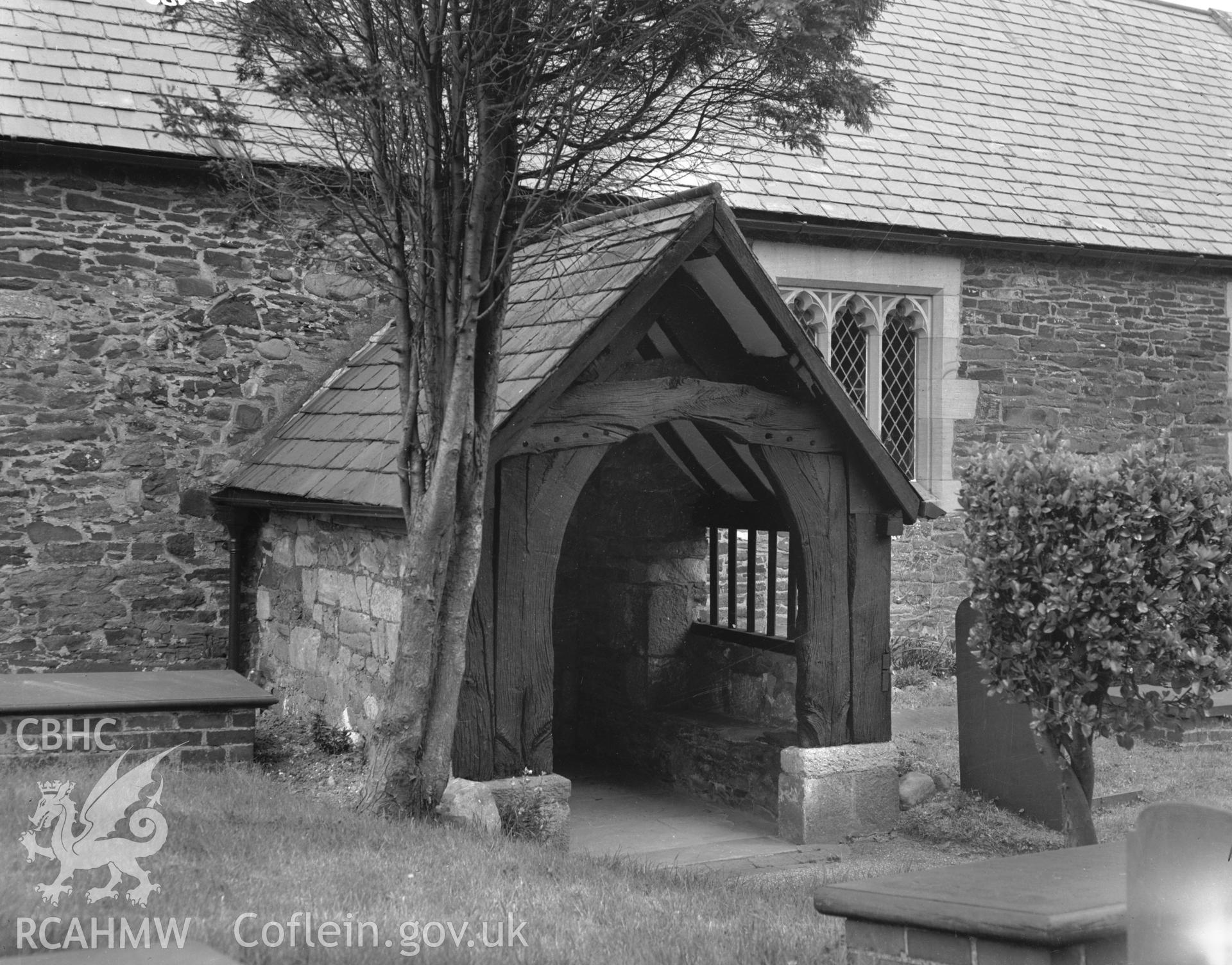 Exterior view of porch at St Benedicts Church, Gyffin taken 30.09.48.