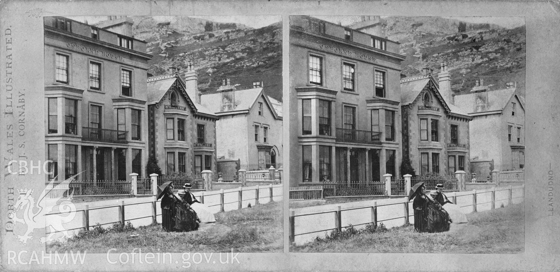 View showing street view in Llandudno, including the Osborne Hotel, undated.