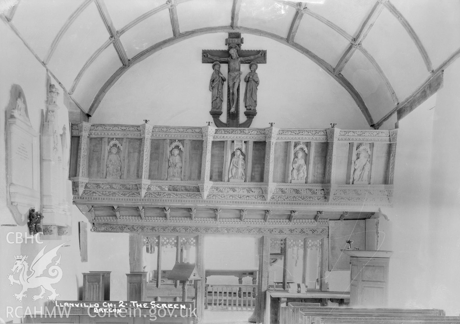 Interior view of St Llanfilo Church showing screen, taken by W A Call circa 1920.