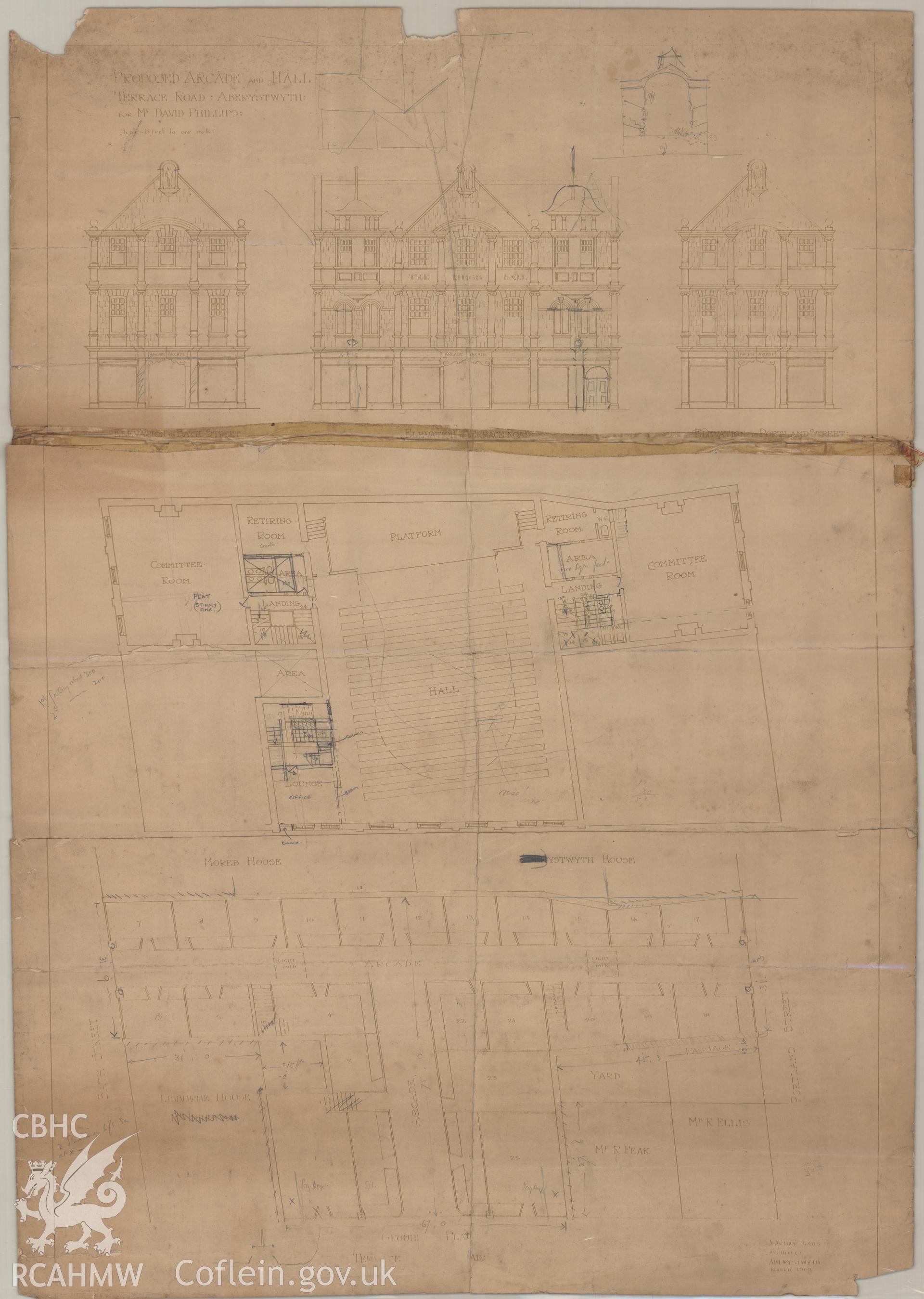 Plans and elevations of The Coliseum, Aberystwyth as proposed,  produced by J. Arthur Jones.