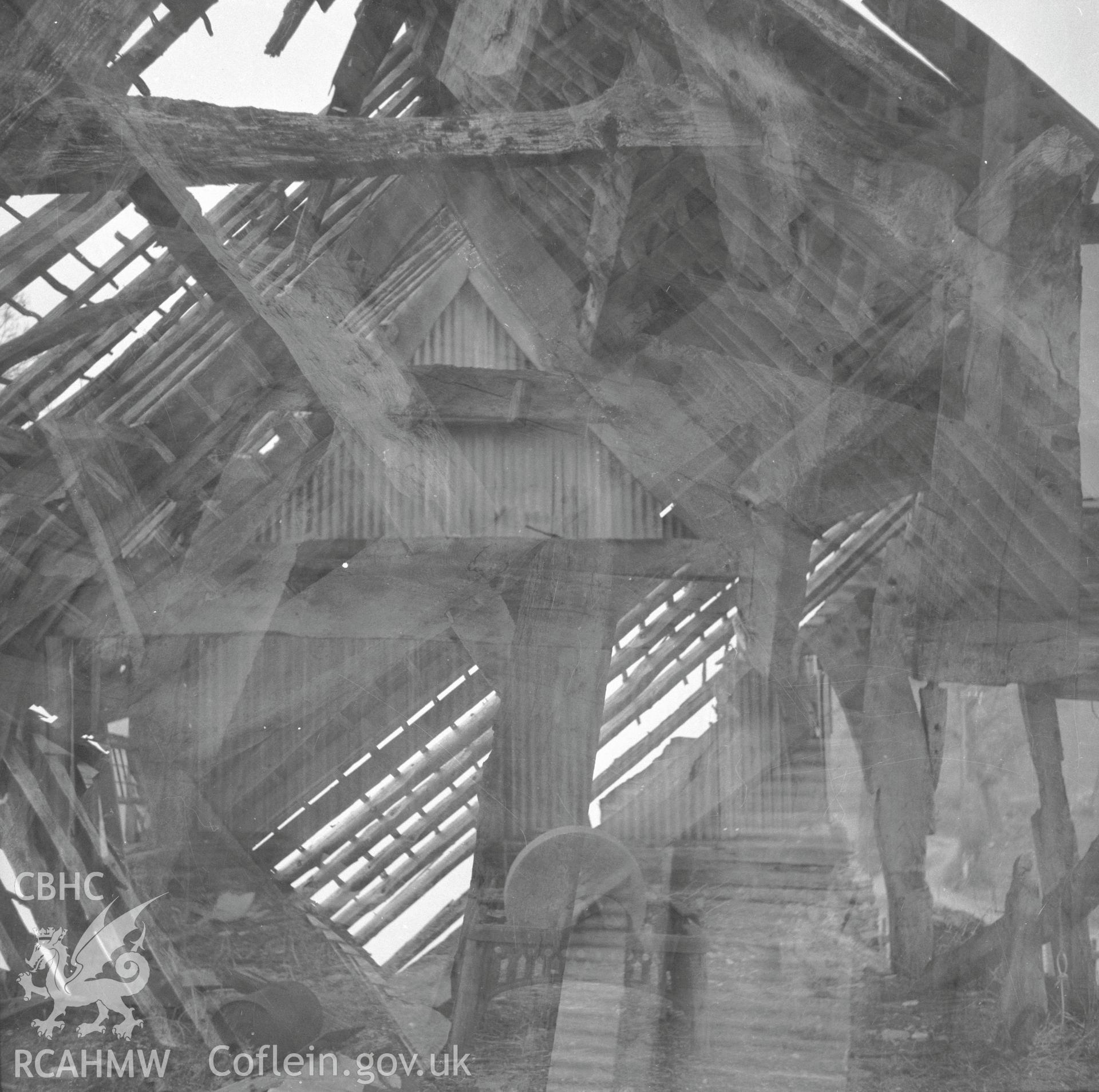 Interior roof of the barn at Cefn y Mynach.