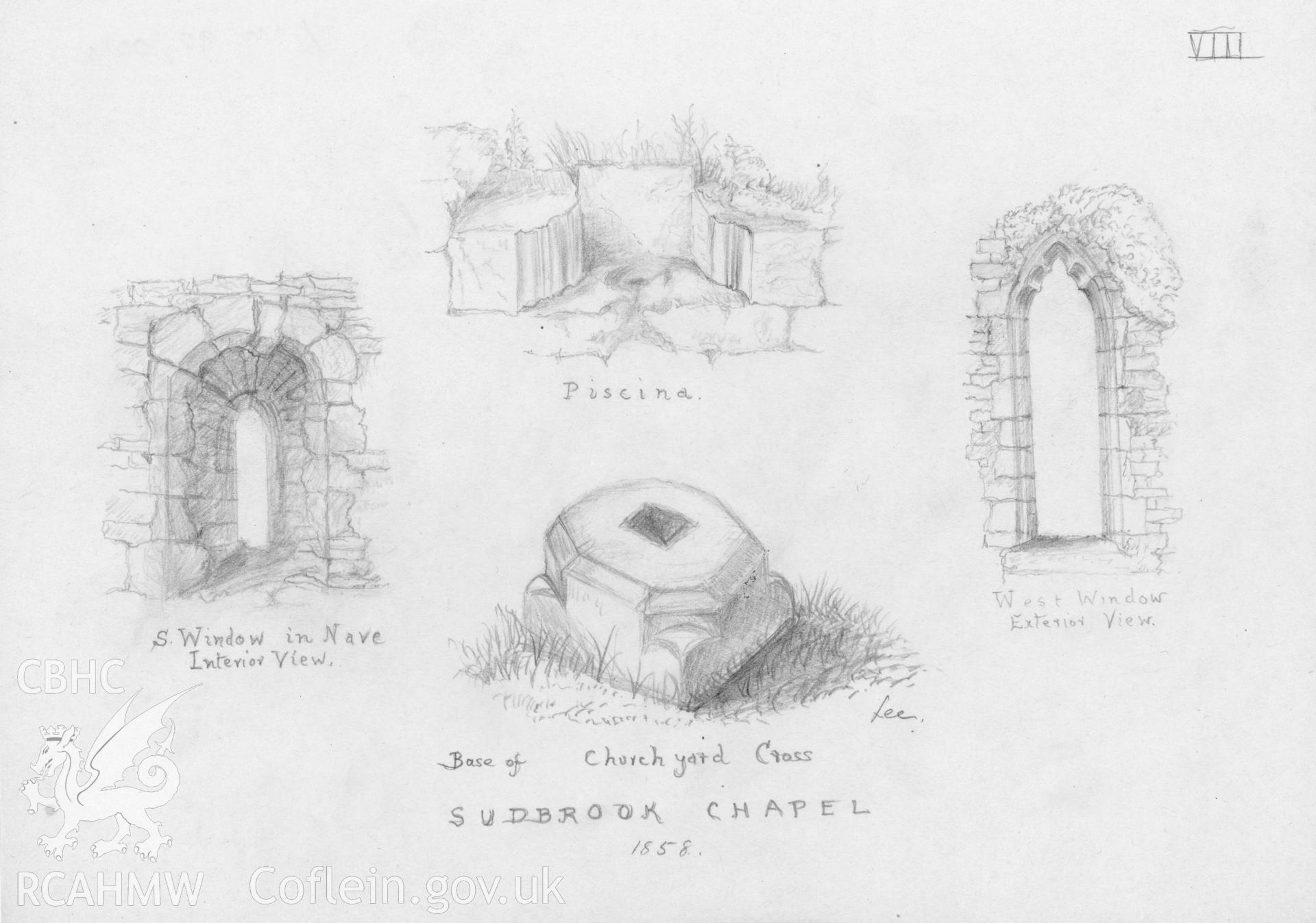Drawing from the Revd. C.H.A. Porter Collection.  Details of mouldings in Sudbook Chapel, including the porch door, and the chancel windows and an elevation of the chancel arch with capital, in the scale of 1 inch to 1 foot.  All after originals by F.J. Mitchell.