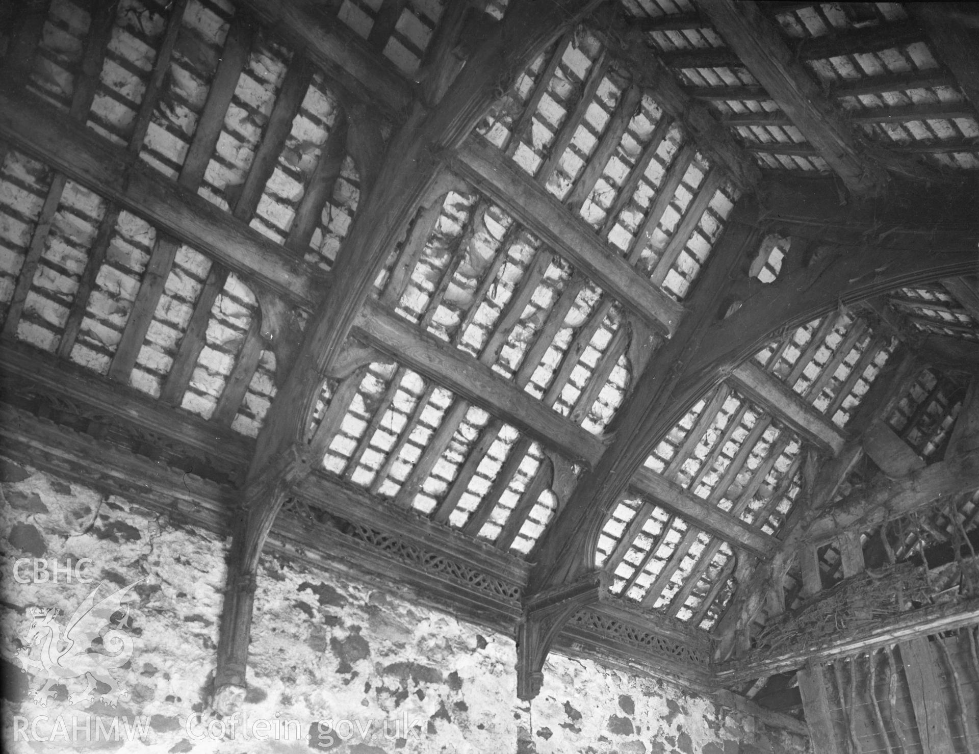 Interior view showing ceiling at Cochwillan.