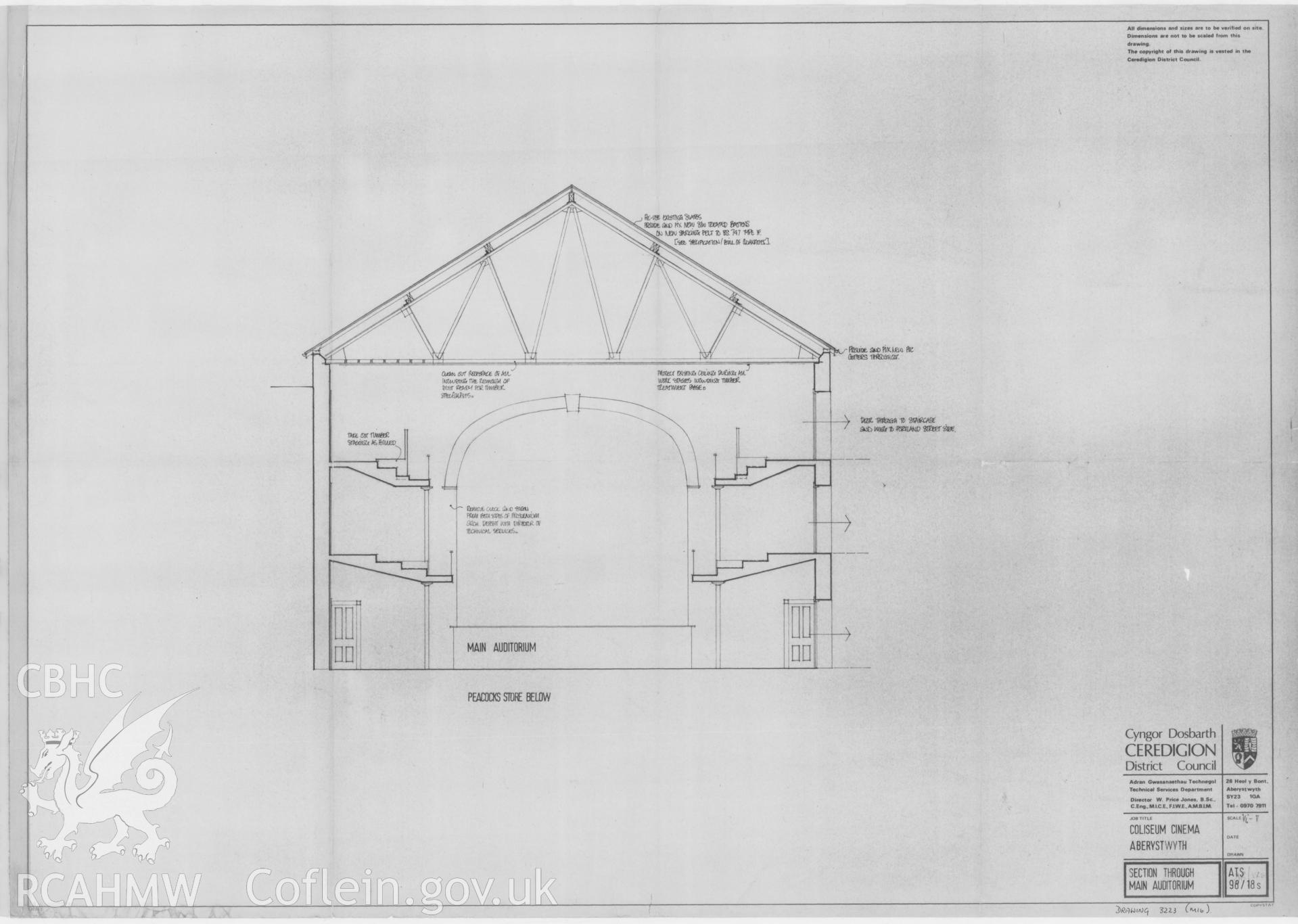Copy of a non RCAHMW drawing showing section thro auditorium at Coliseum Cinema, Aberystwyth, received in the course of threatened buildings case ref no M/DES/B/CD/79/01