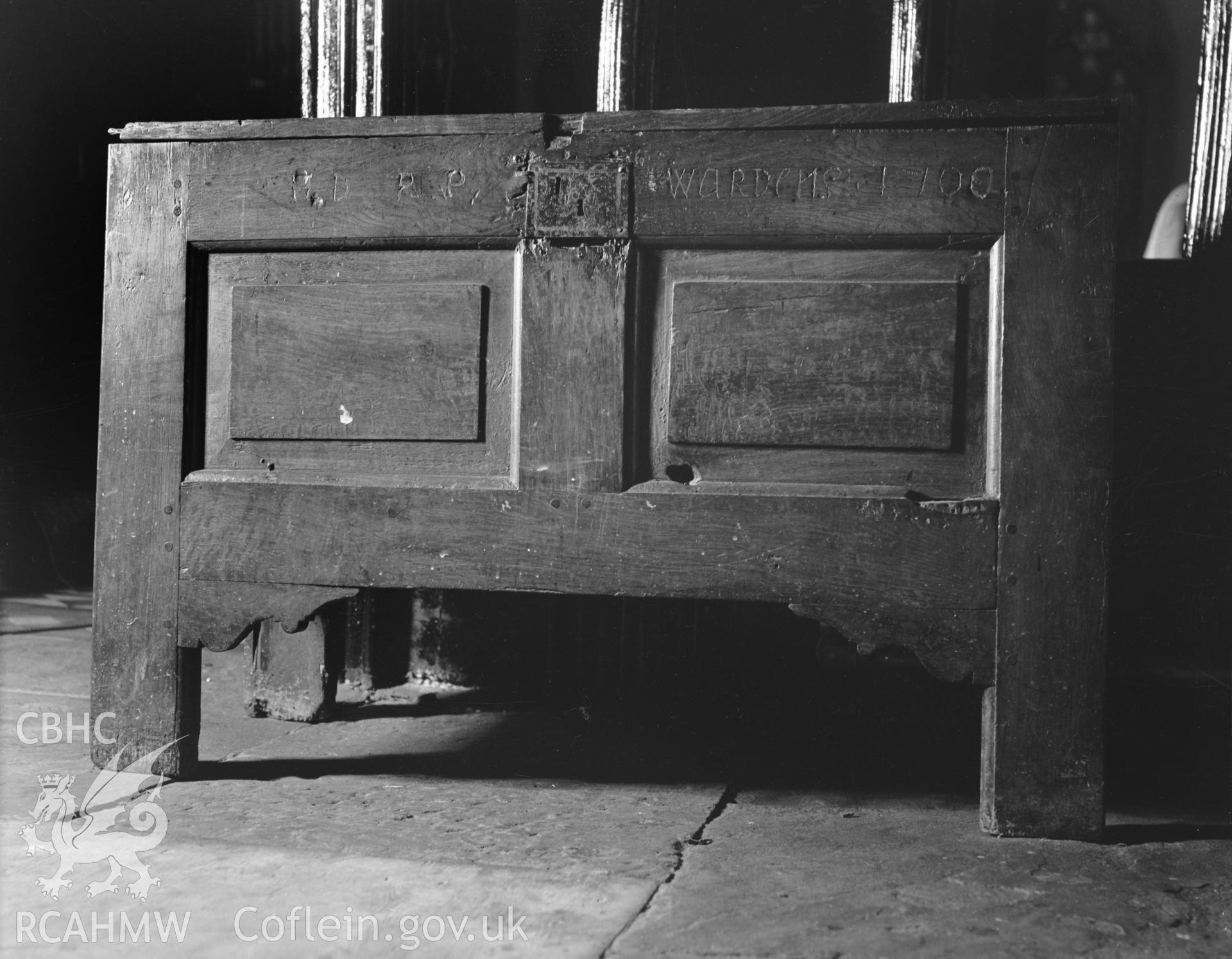 View of engraved chest at St Benedicts Church, Gyffin, taken 30.09.48.
