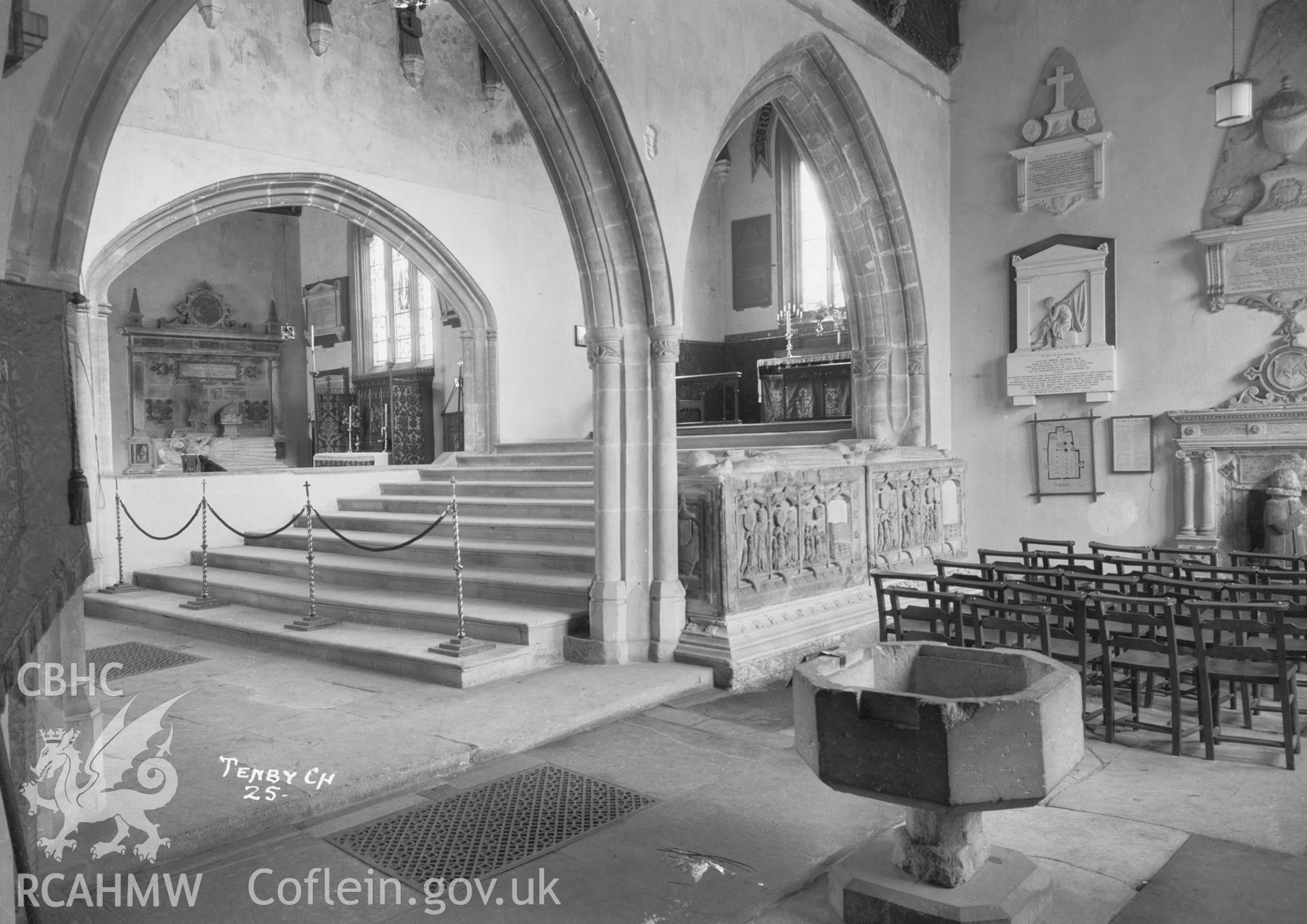 Interior view of Tenby Church showing font, Pembs. taken by W A Call 1931.