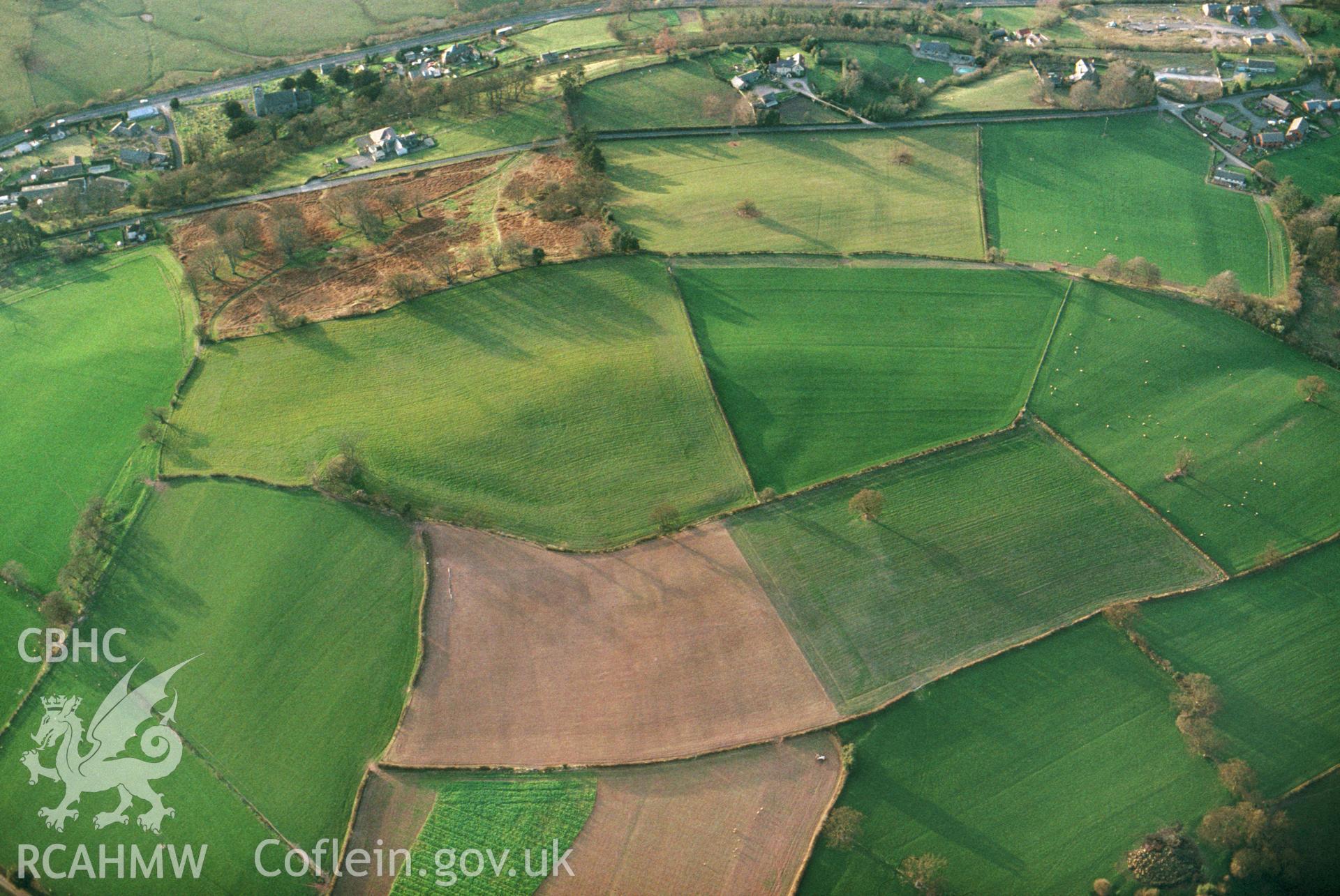 Slide of RCAHMW colour oblique aerial photograph of Coed y Polyn, taken by C.R. Musson, 1993.