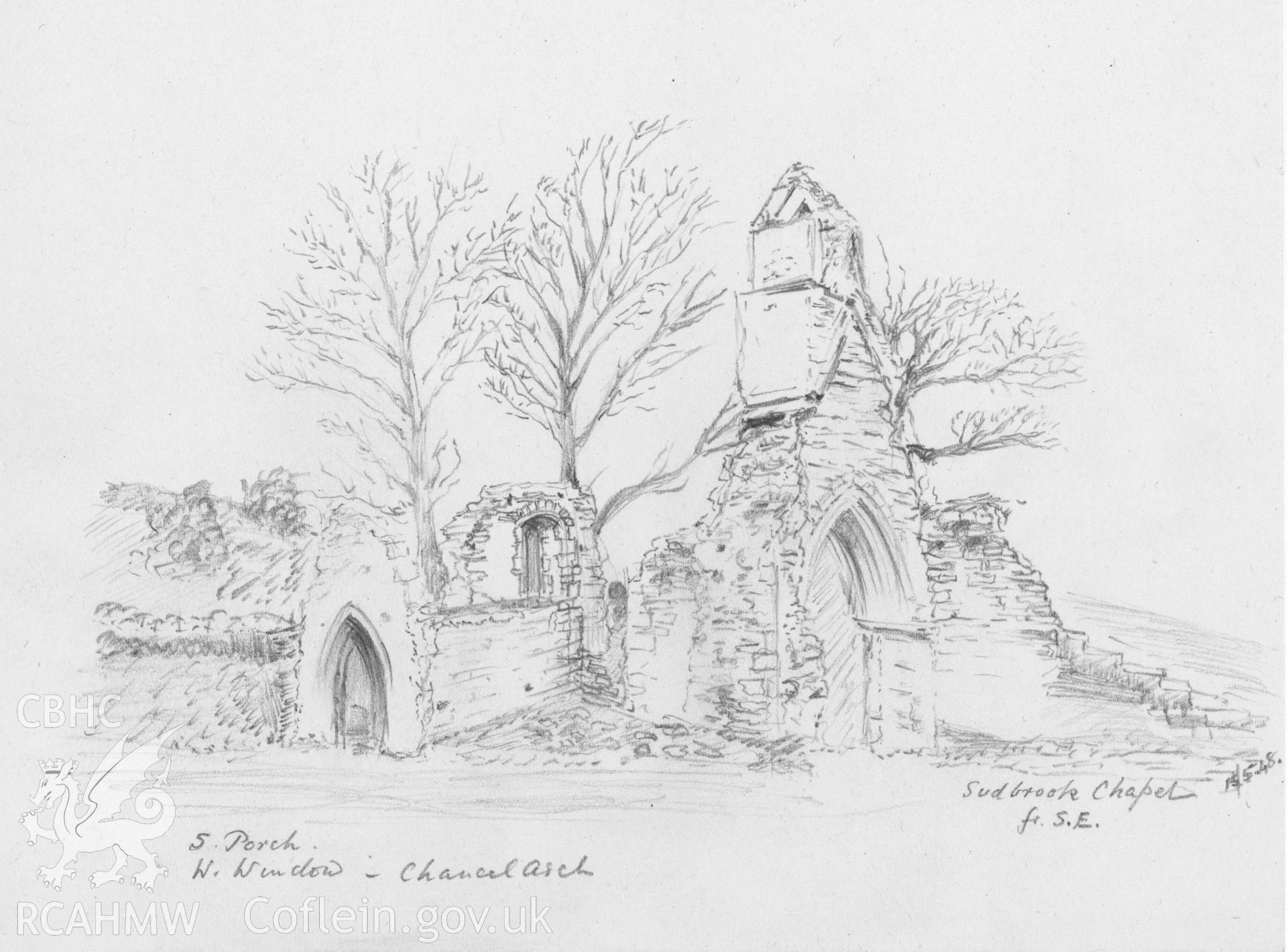 Drawing from the Revd. C.H.A. Porter Collection showing Sudbrook Chapel from the south east.
