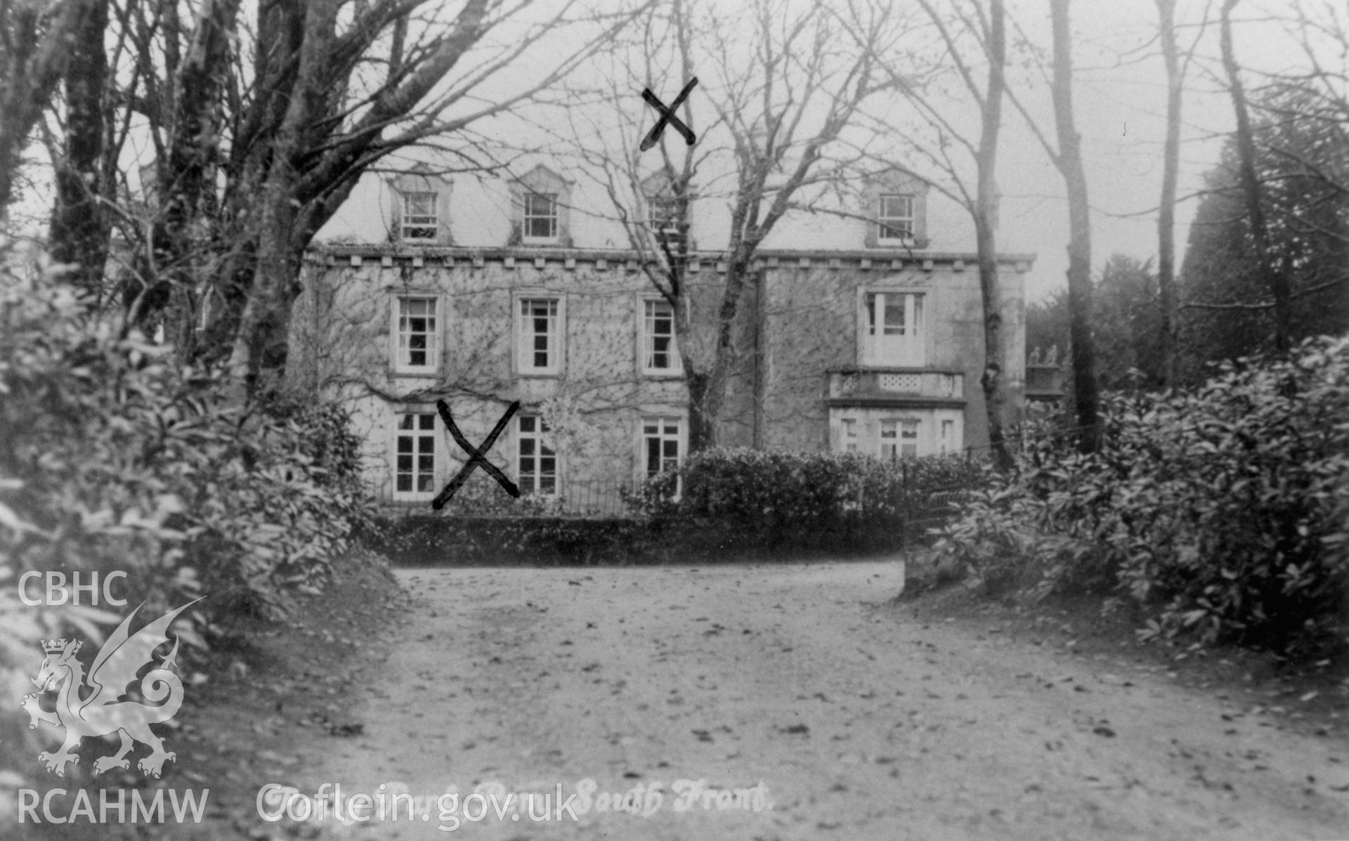 Copy of black and white image of Penty Park, Clarbeston Road, copied from early undated postcard, showing exterior, and copy of handwritten description of the house (reverse of postcard) loaned by Thomas Lloyd.