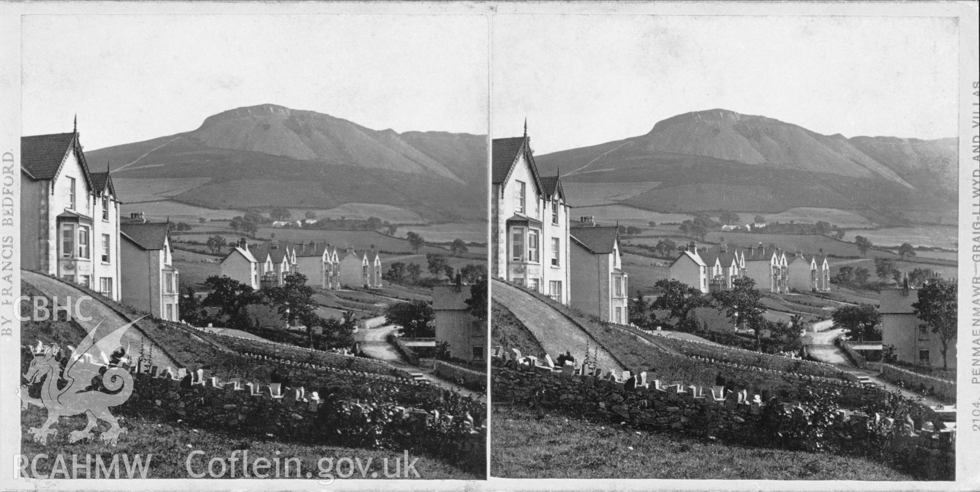 Black and white photograph of Penmaenmawr, copied from an original postcard in the possession of Thomas Lloyd. Negative held.