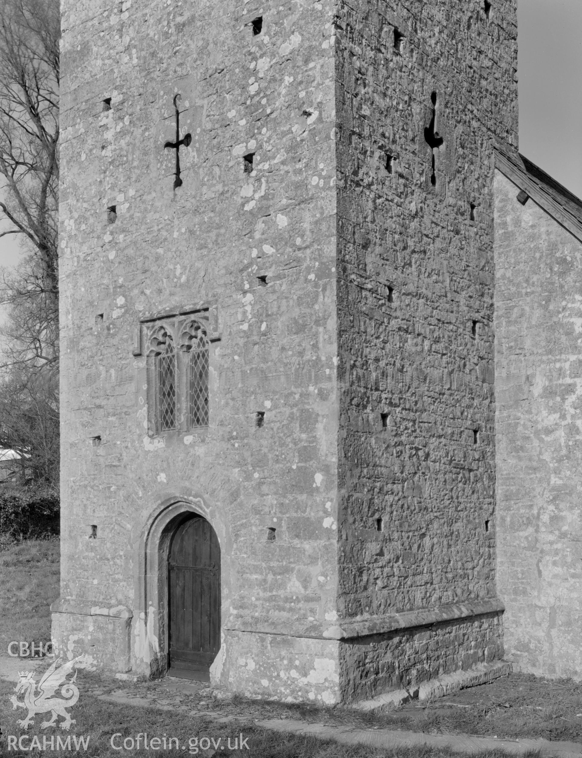 View of the tower at St Michael's Church, Llanmihangel taken 07.04.65.
