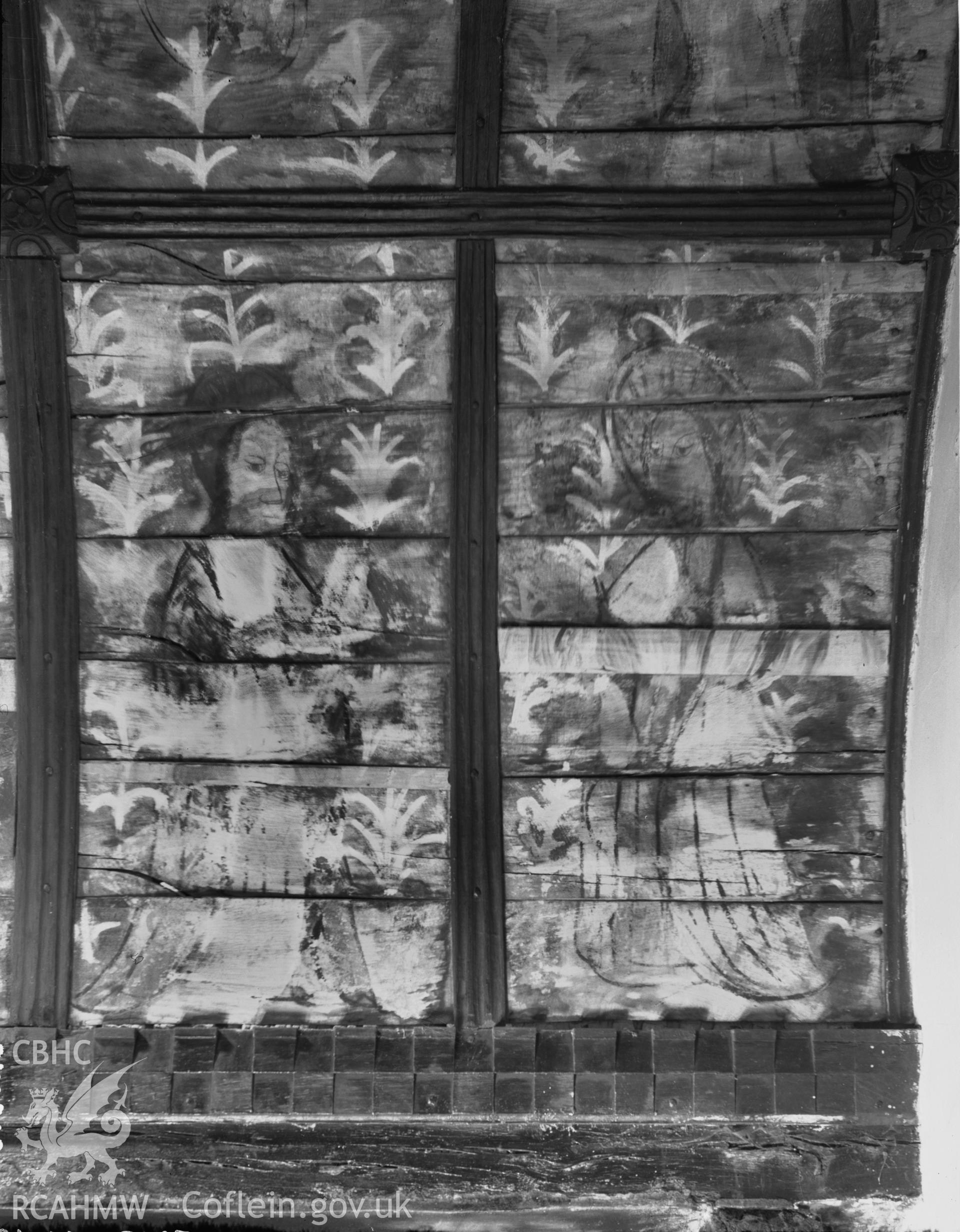 Interior view of St Benedicts Church, Gyffin showing ceiling paintings, taken 30.09.48.