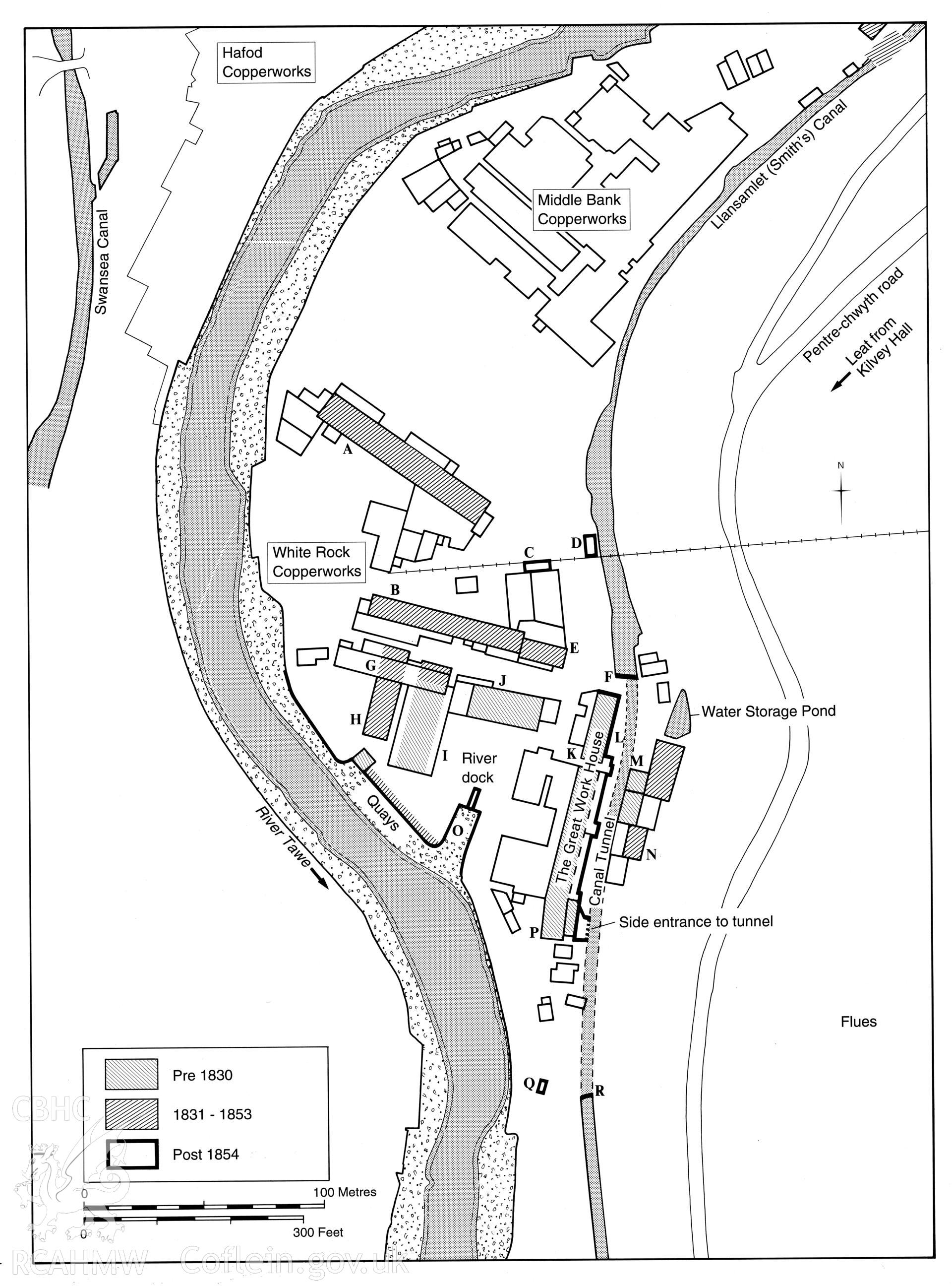 Ground plan showing White Rock Copperworks, as used in the RCAHMW publication "Copperopolis", p.23, fig. 34.